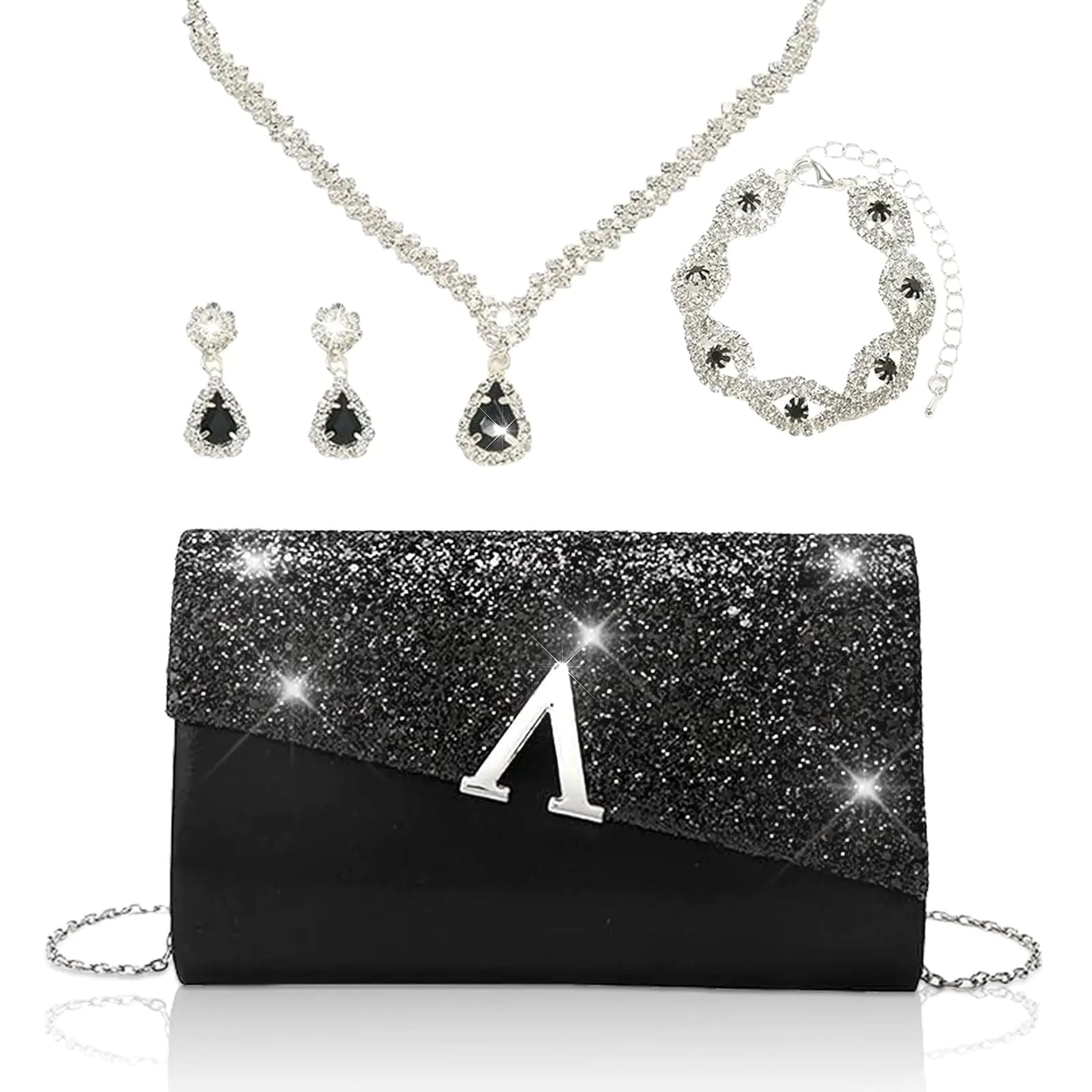 YYW 4 Pieces Women Evening Handbags Clutch Purse Bag with Rhinestone Crystal Jewelry Set for Wedding Party(Black)