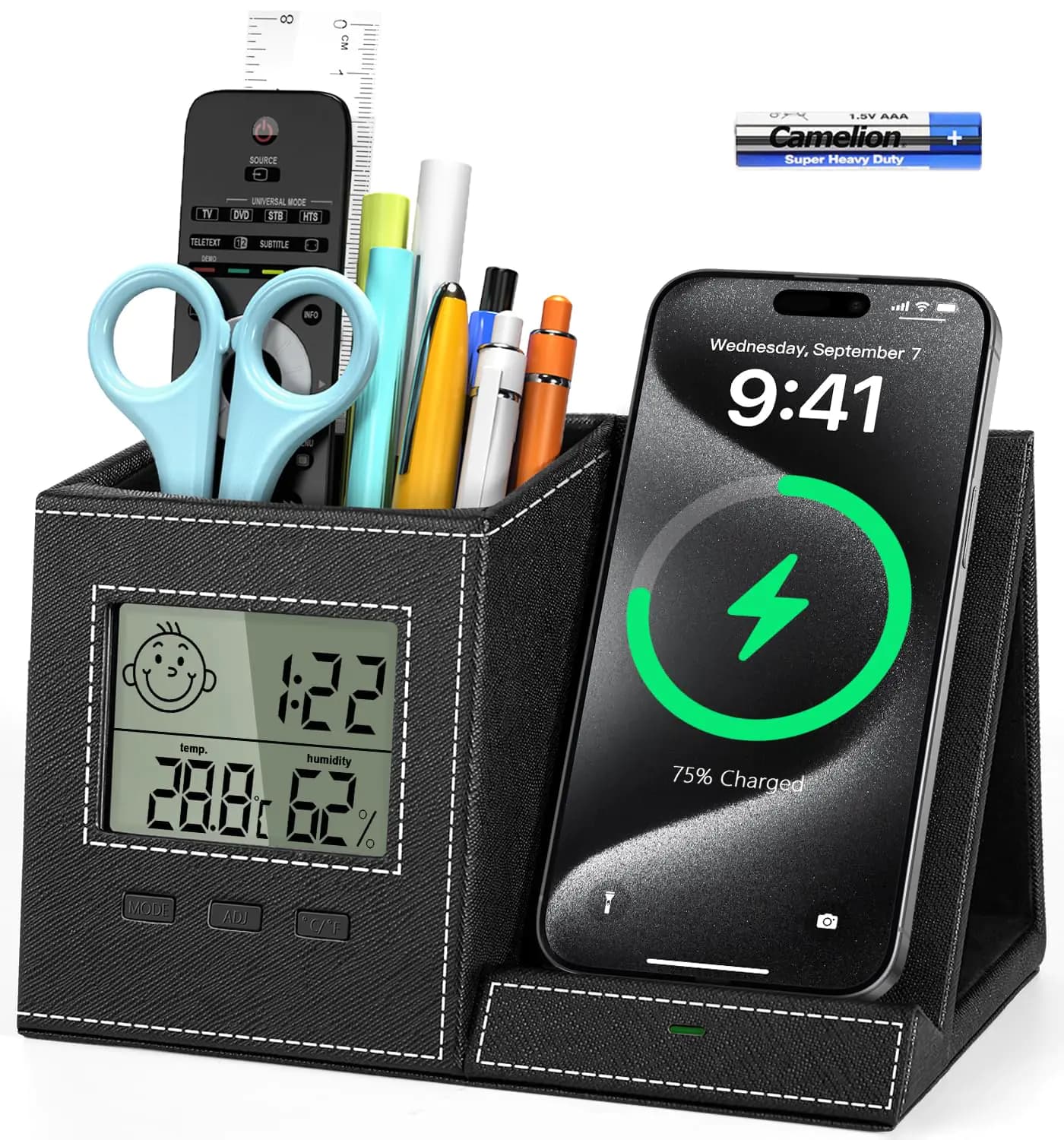 Pen Holder for Desk Organizer with Wireless Charger Digital Indoor Thermometer and Humidity Monitor Multi-Functional Pencil Organizer Desk Organizers and Accessories for Home Office Supplies