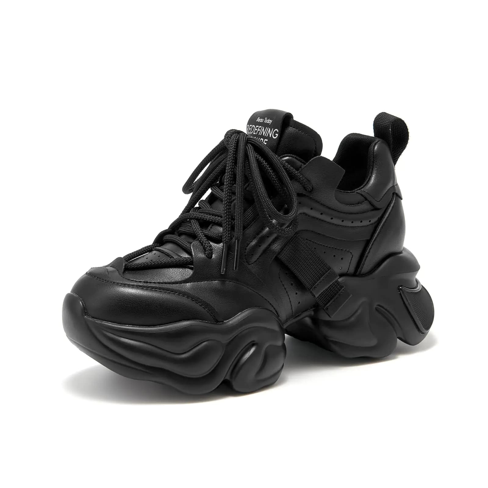 BEAU TODAY Chunky Sneakers for Women Womens Fashion Sneakers Leather Sneakers Women Comfortable Casual Lace-Up Chunky Platform Dad Shoes Black US 7.5