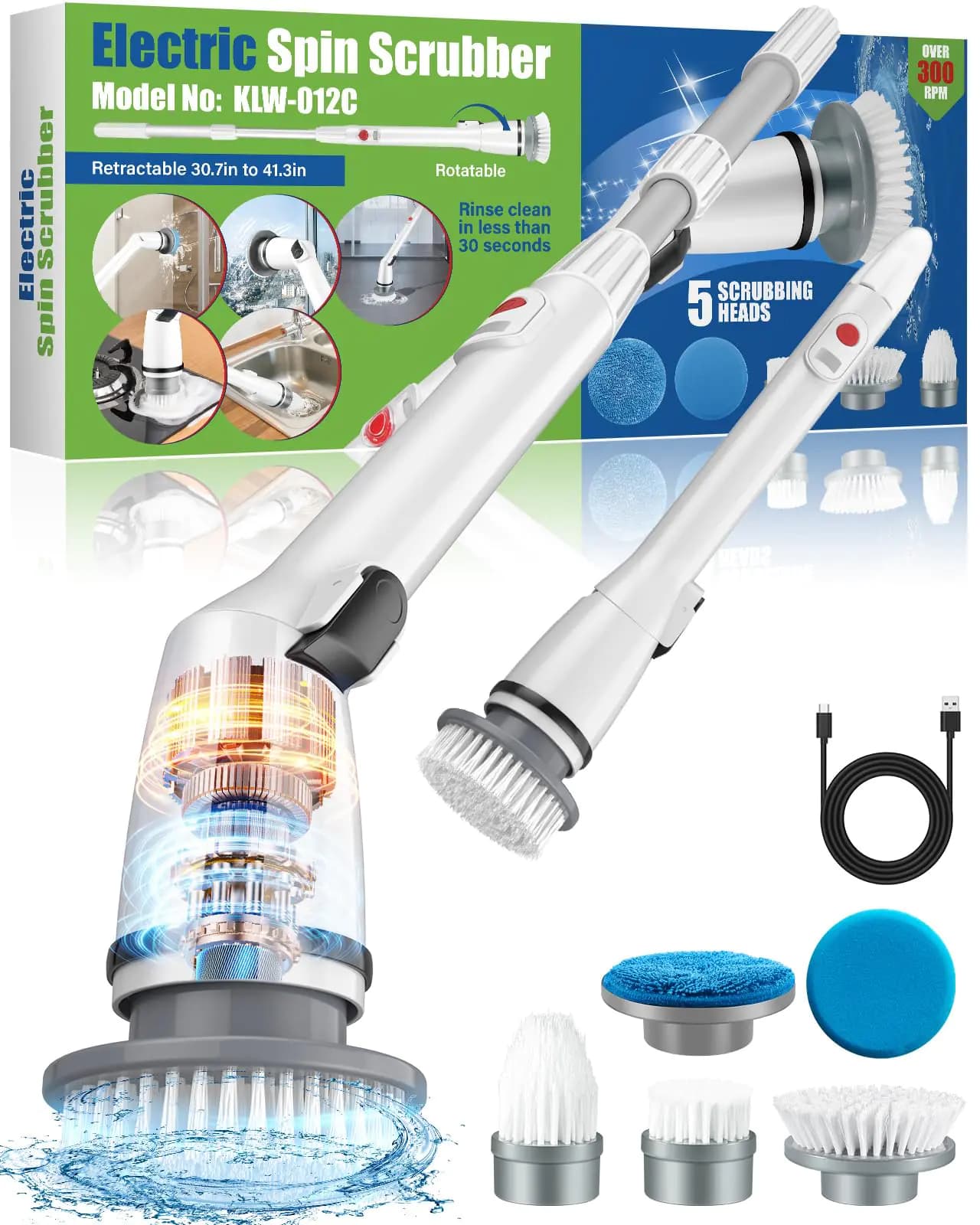 2025 Updated Electric Spin Scrubber for Heavy-Duty Housework Cordless Shower Cleaning Scrubber with Adjustable Extension Arm 5 Replaceable Cleaning Heads Spin Cleaning Brush for Bathtub Tile Floor