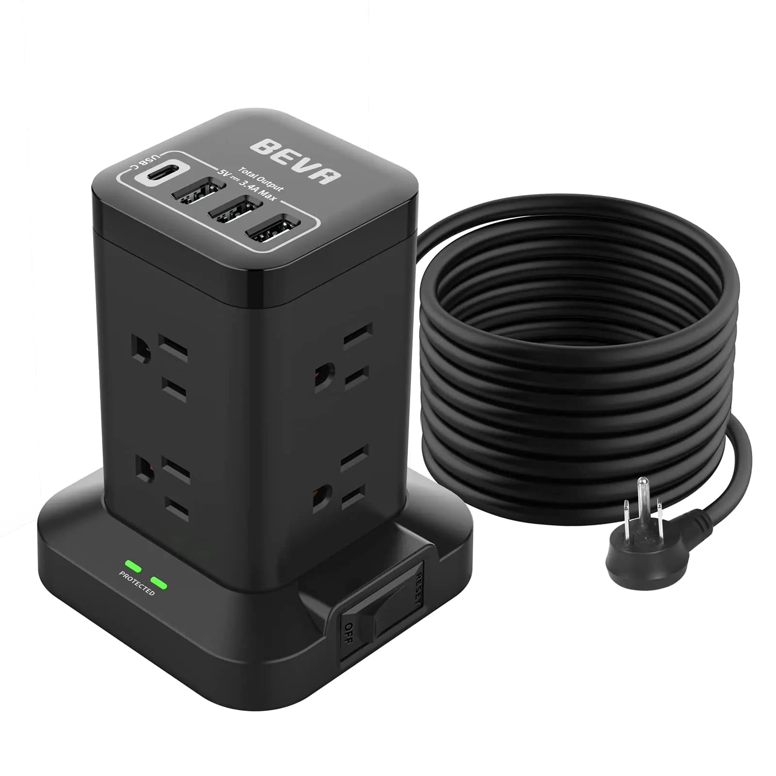 BEVA Power Strip Tower Surge Protector with USB Ports 6.5 FT Extension Cord Charging Tower for Multiple Devices 8 AC and 4 USB(USB-C) for Office Supplies Dorm Room Essentials Office Organization