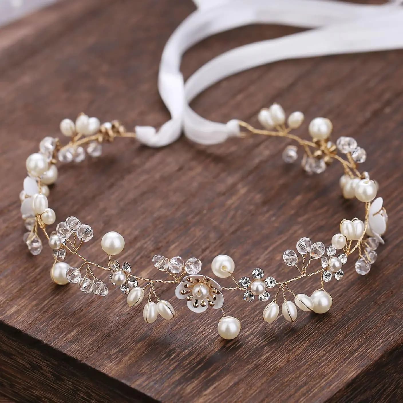 WOVOWOVO Wedding Hair Accessories Flower Girl Headpiece Headband Bridal Hair Accessory Pearl Head Bands for Womens Hair White Wedding Headpiece for Bride Wedding Gold Hair Accessories for Women