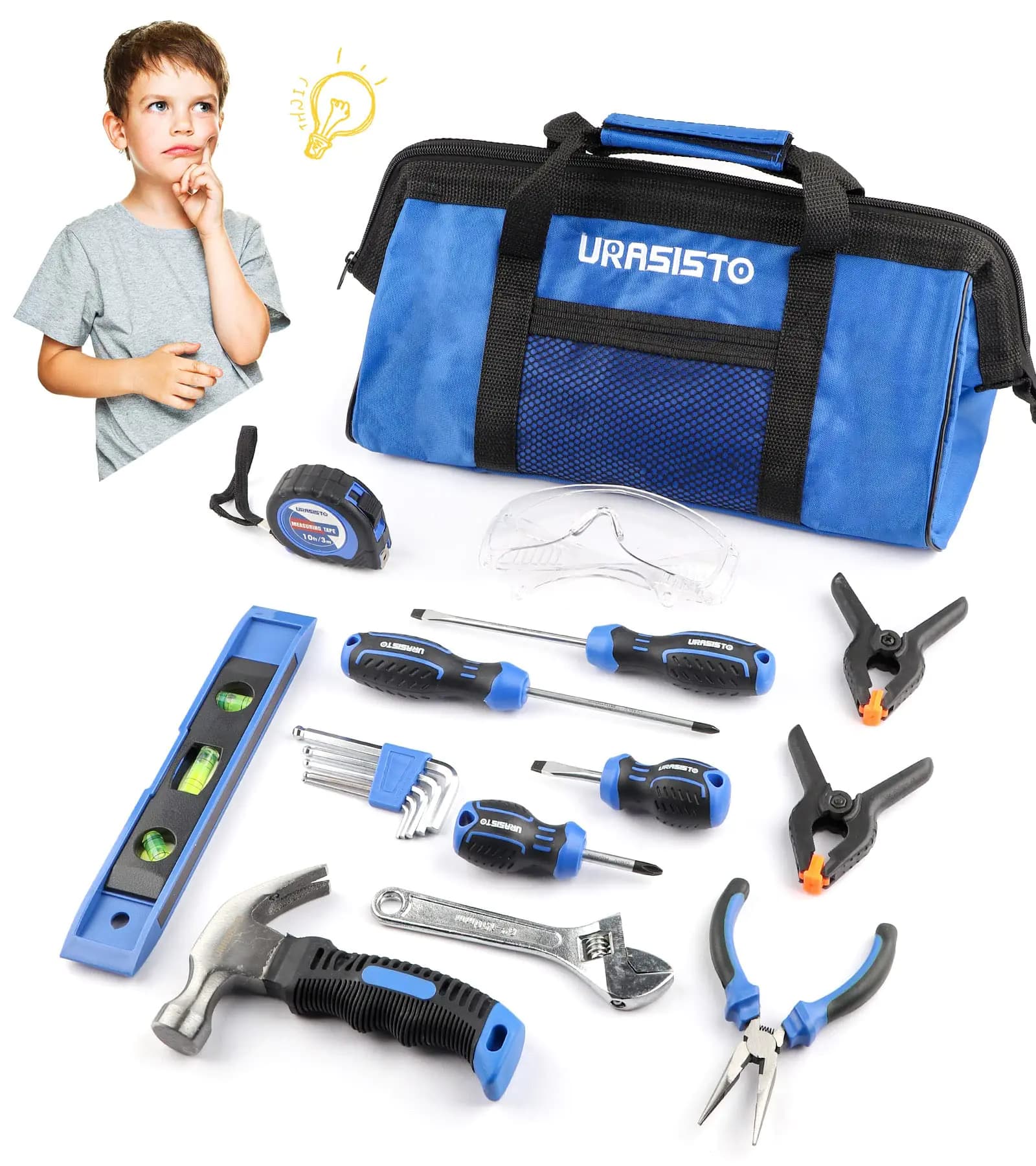 URASISTO 18-Piece Kids Tool Set with Tool Storage Bag Junior Real Hand Tool Kit for Boys & Girls Children Learning Tools for DIY Building and Woodworking Age 8+