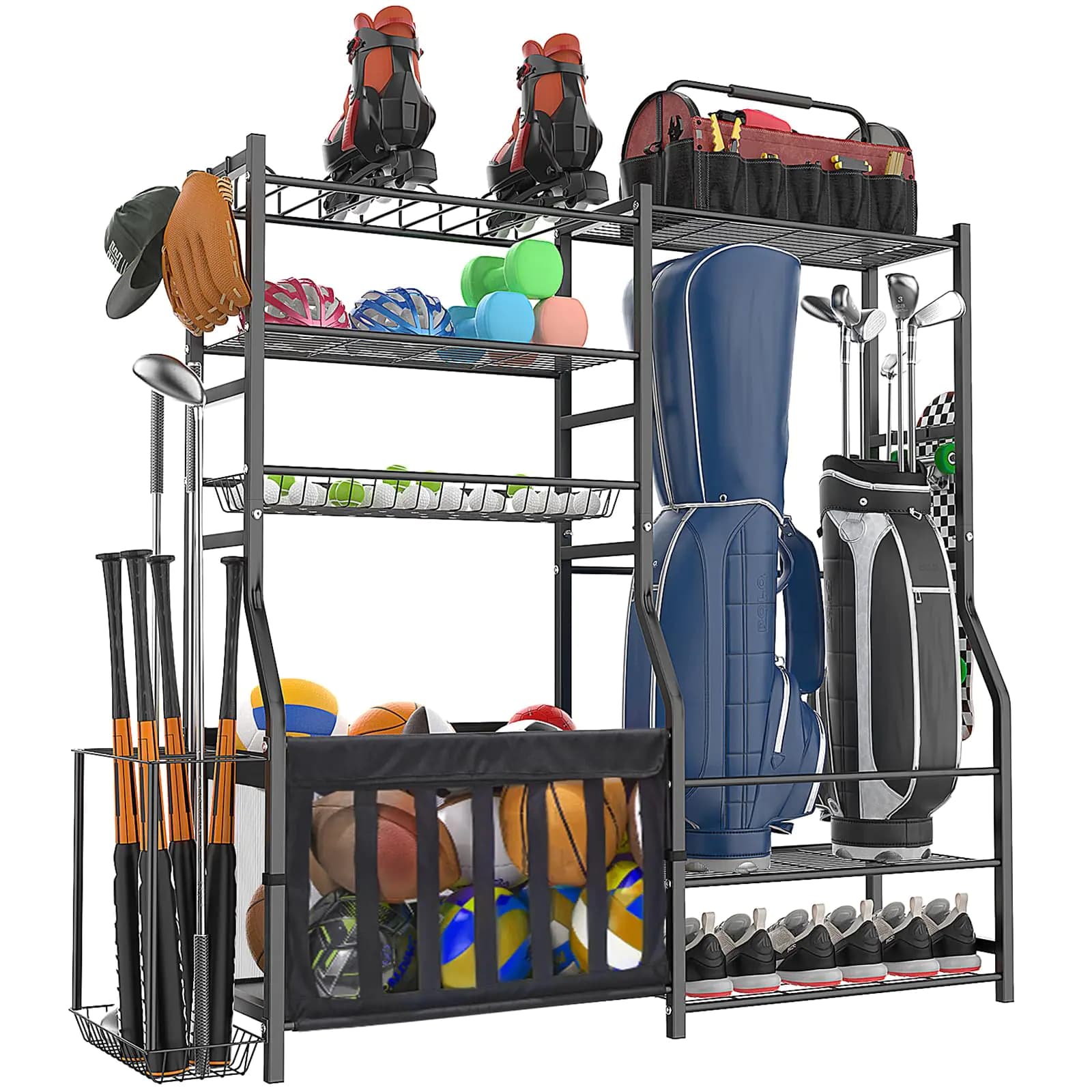 organizelink Garage Sports Equipment Organizer Strong Load Bearing Golf Bag Organizer Multi Use Golf Organizer Ball Rack Basketball Rack For Sports Gear and Outdoor Ball Storage