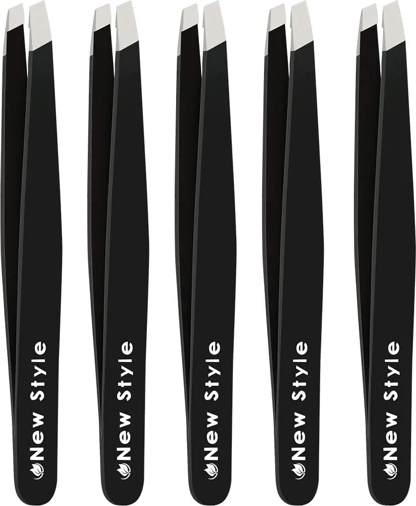 Slant Tweezers (5-Pack) – Professional Slant-Tip Tweezers in Separate Sleeves for Eyebrows and Facial Hair – Stainless Steel Brow Shaping Hair Plucker for Expert Precision Personal Care