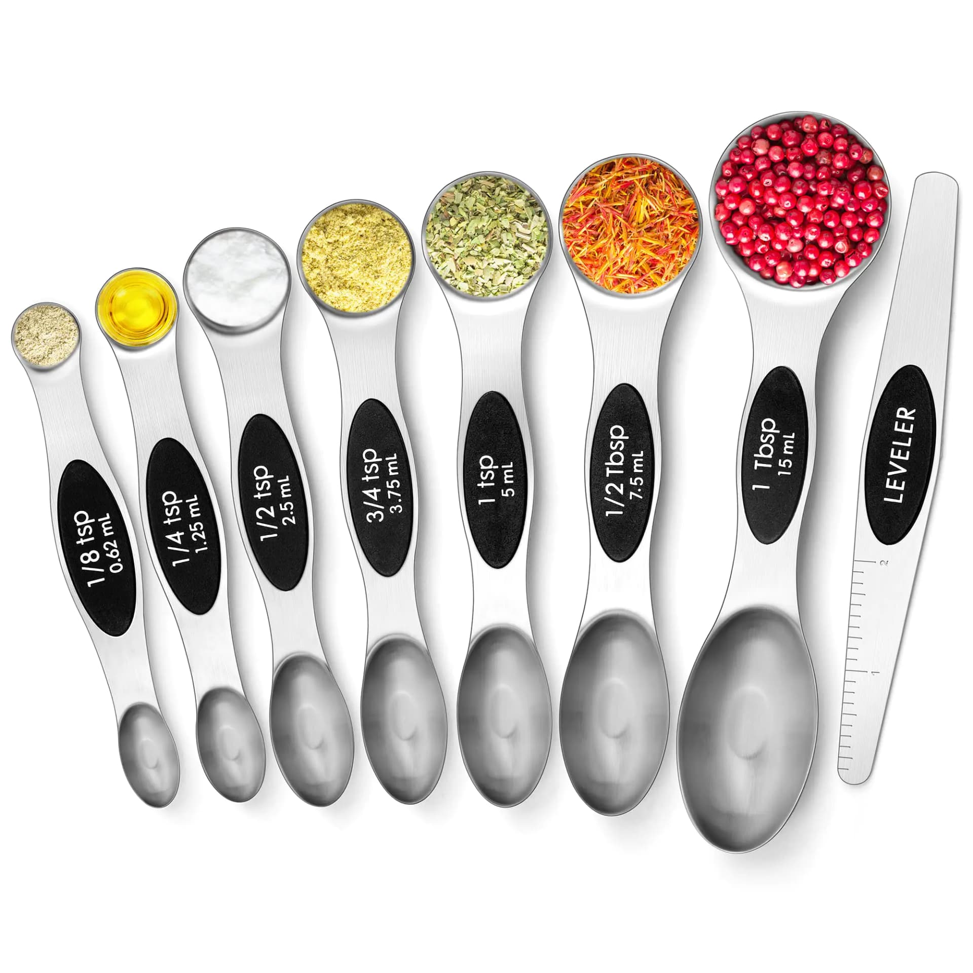 Urbanstrive Magnetic Measuring Spoons Set Stainless Steel Dual Sided for Liquid Dry Food Measuring Cups Spoons Set Fits in Spice Jar Kitchen Gadgets Cooking Utensils Set Including Leveler Silver