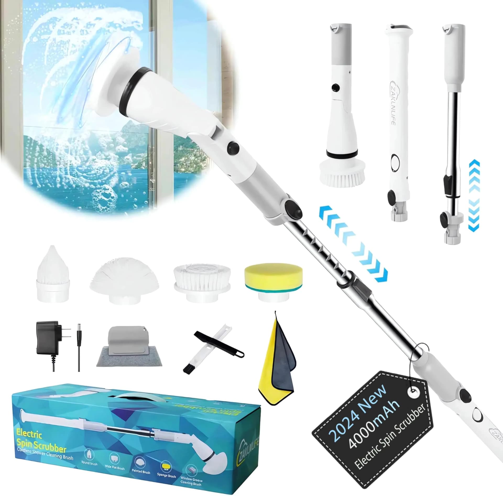 ZaklnLife Electric Spin Scrubber Cordless Cleaning Brush with Adjustable Extension Arm 4 Replaceable Cleaning Heads 4000mAh Rechargeable Battery Power Scrubber for Bathroom Tub Tile Floor