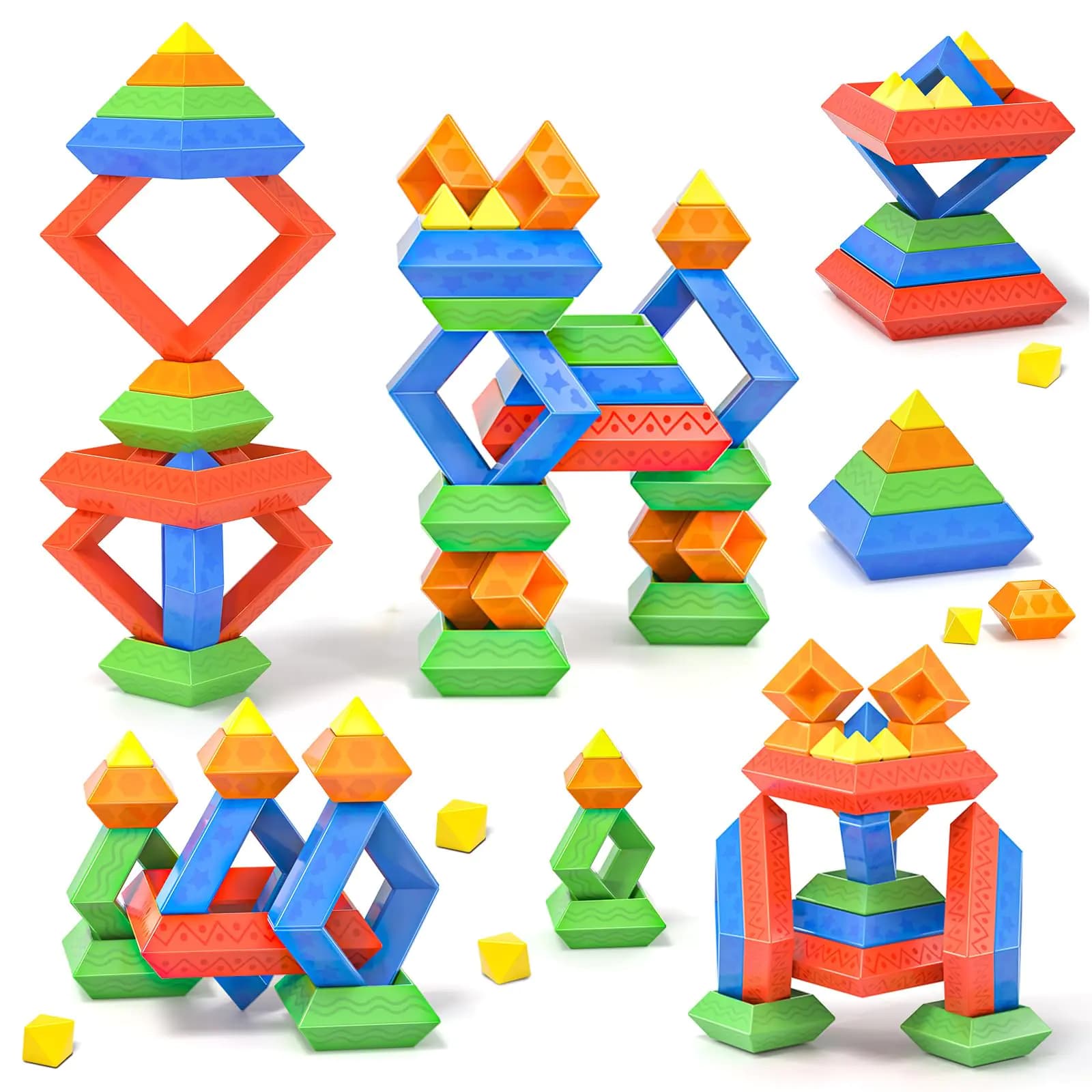 Blocks Building Toys for Toddlers 1-3-5 Pyramid Stacking Blocks Preschool Educational Toys for Ages 2 3 4 5 6 Boys & Girls Learning Stem Sensory Toys Kids Birthday 45PCS