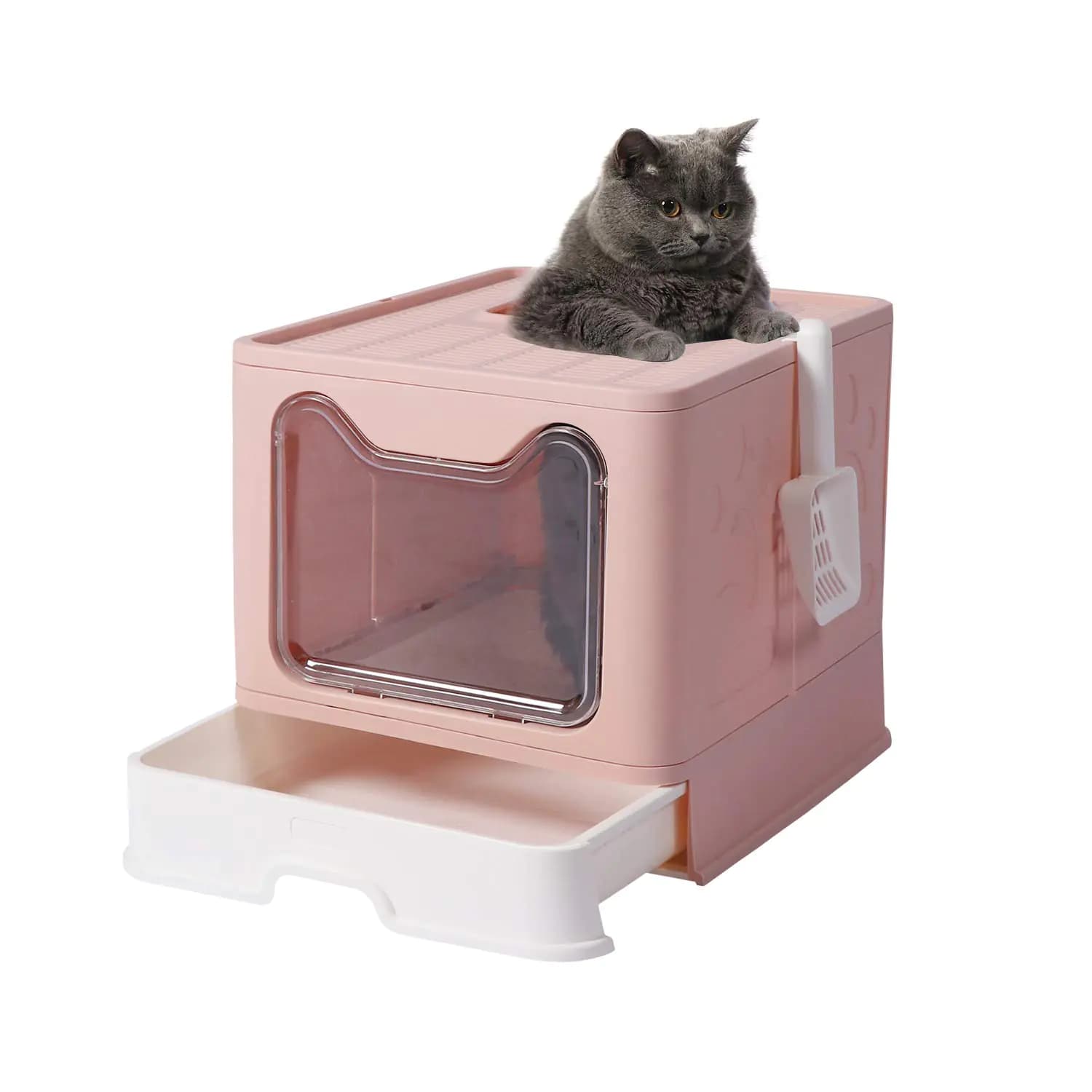 GENENIC Large Foldable Cat Litter Box Pan with Lid Cat Potty Top Entry Type Anti-Splashing Cat Supplies with Pet Plastic Scoop(Pink)