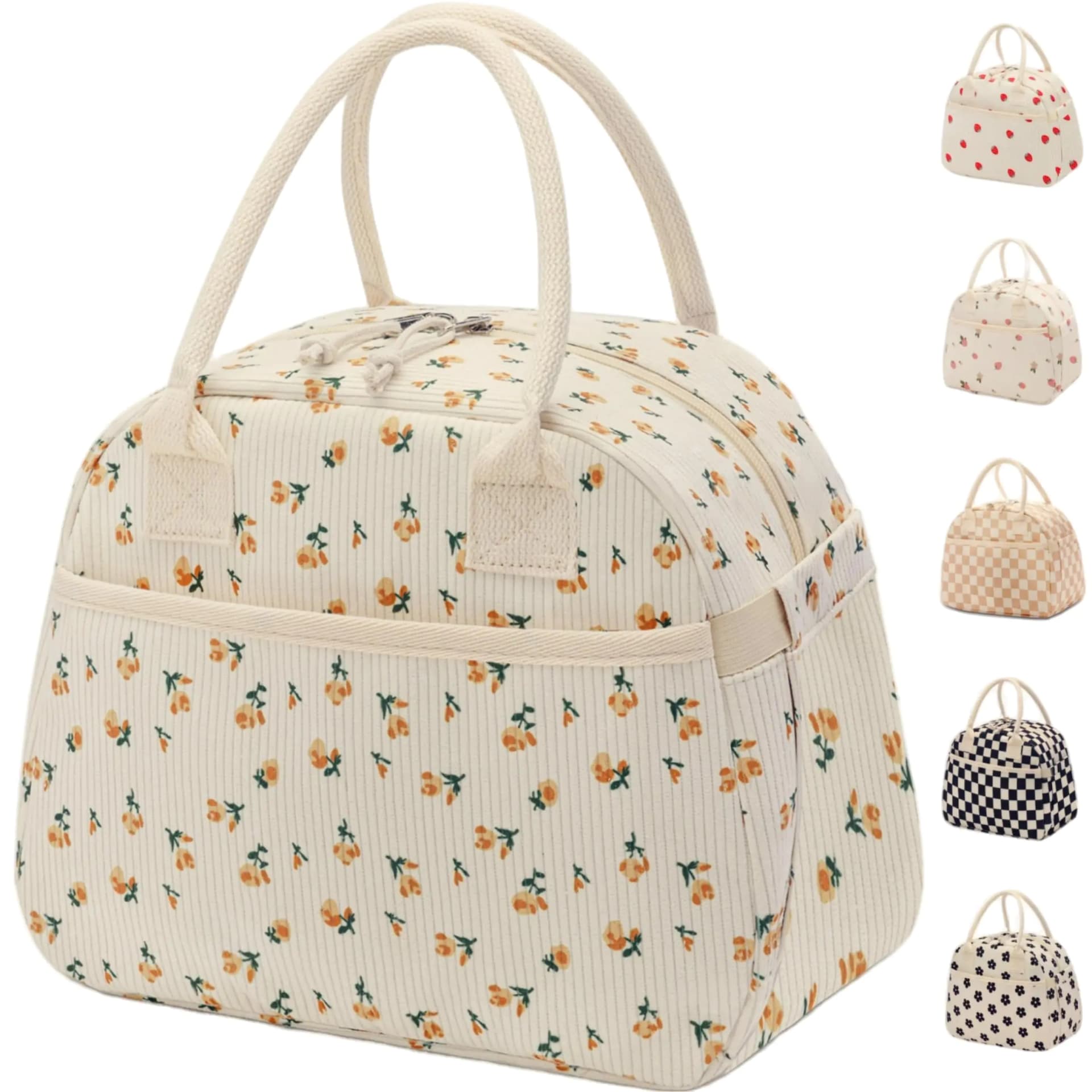 Carry bloom Lunch Box for Women Insulated Lunch Bag Cute Corduroy Lunchbag Reusable Lunchbox for WorkFloral