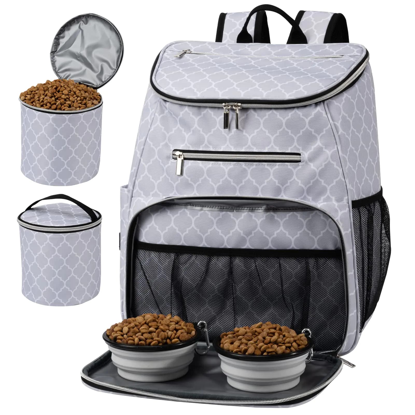Dog Travel Backpack with Collapsible Bowls White
