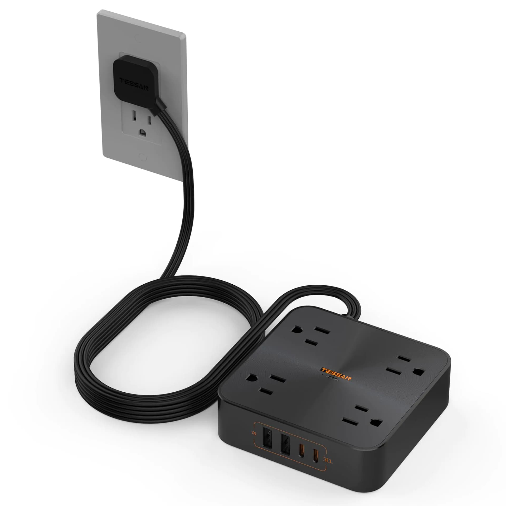 30W USB C Power Strip TESSAN Fast Charger Surge Protector with 4 Outlet Extender 6 FT Flat Plug Extension Cord 4 USB Block Power Delivery (2 USB C) for Office Supplies Dorm Room Essentials Black