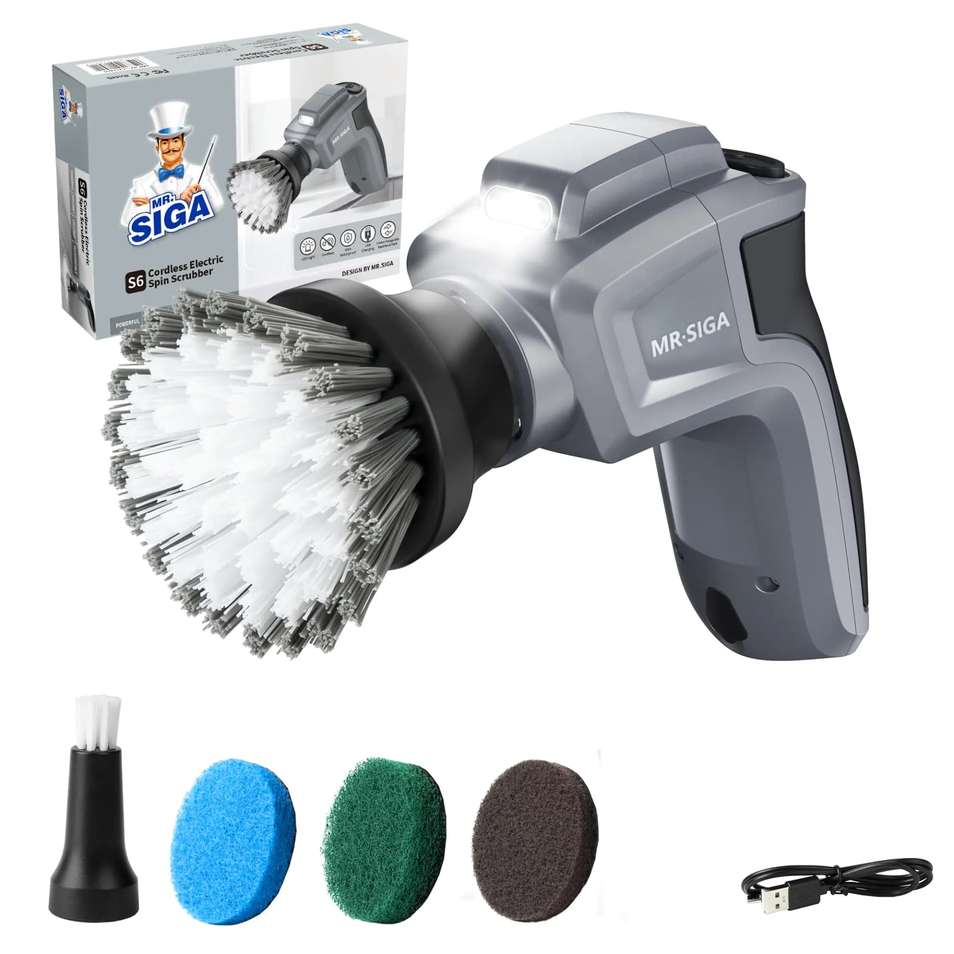 MR.SIGA Electric Spin Scrubber Electric Cleaning Brush for Kitchen and Bathroom Cleaning Waterproof Rechargeable Spin Scrubber Cordless Spin Scrubber with 5 Replaceable Cleaning Brushes and Pads