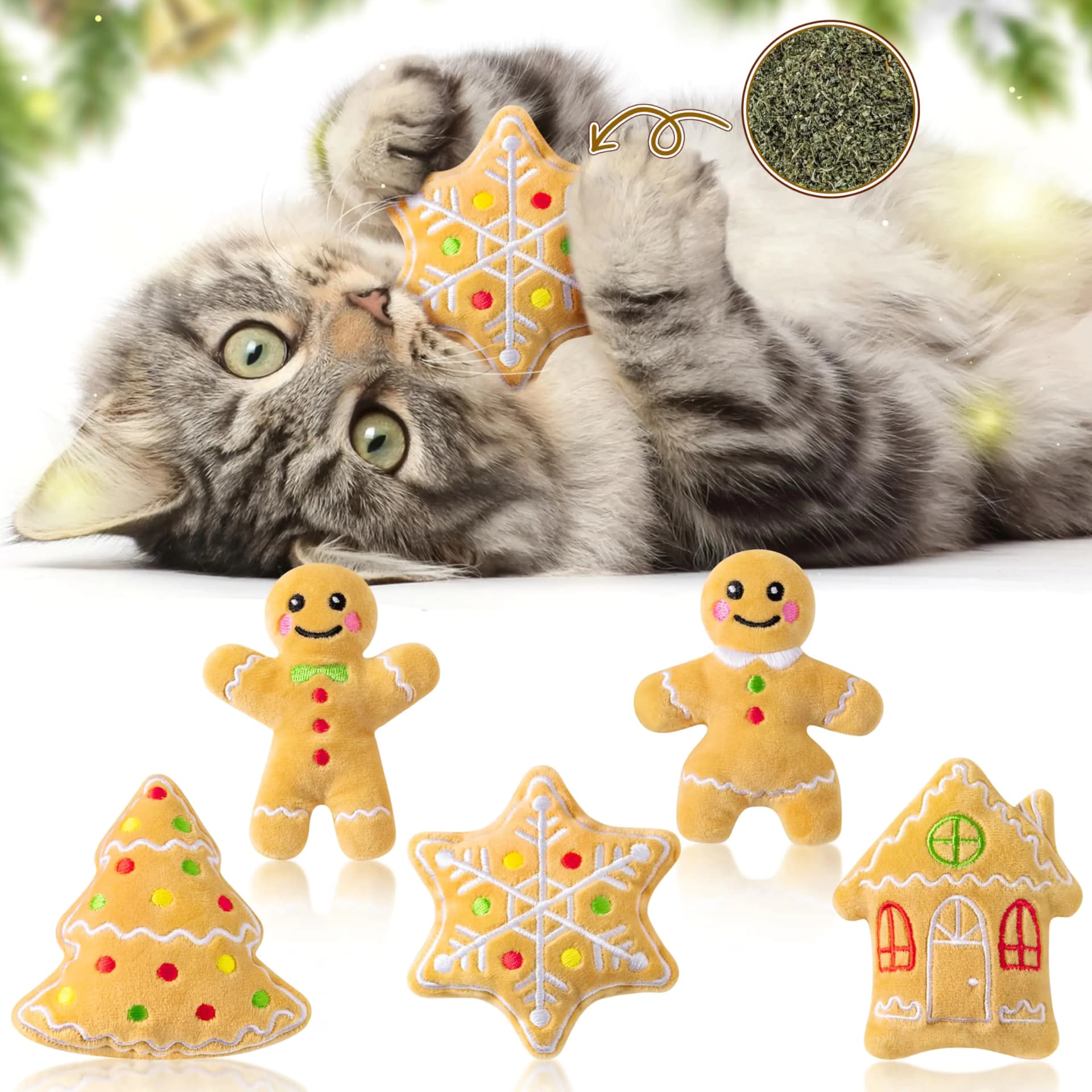 MALLMALL6 Catnip Toys for Cat - 5Pcs Christmas Gingerbread Catmint Interactive Cat Toy for Indoor Cats Soft Plush Cat Supplies Kitten Teething Chew Kick Toy Set Pet Xmas Gifts for Cat Lover