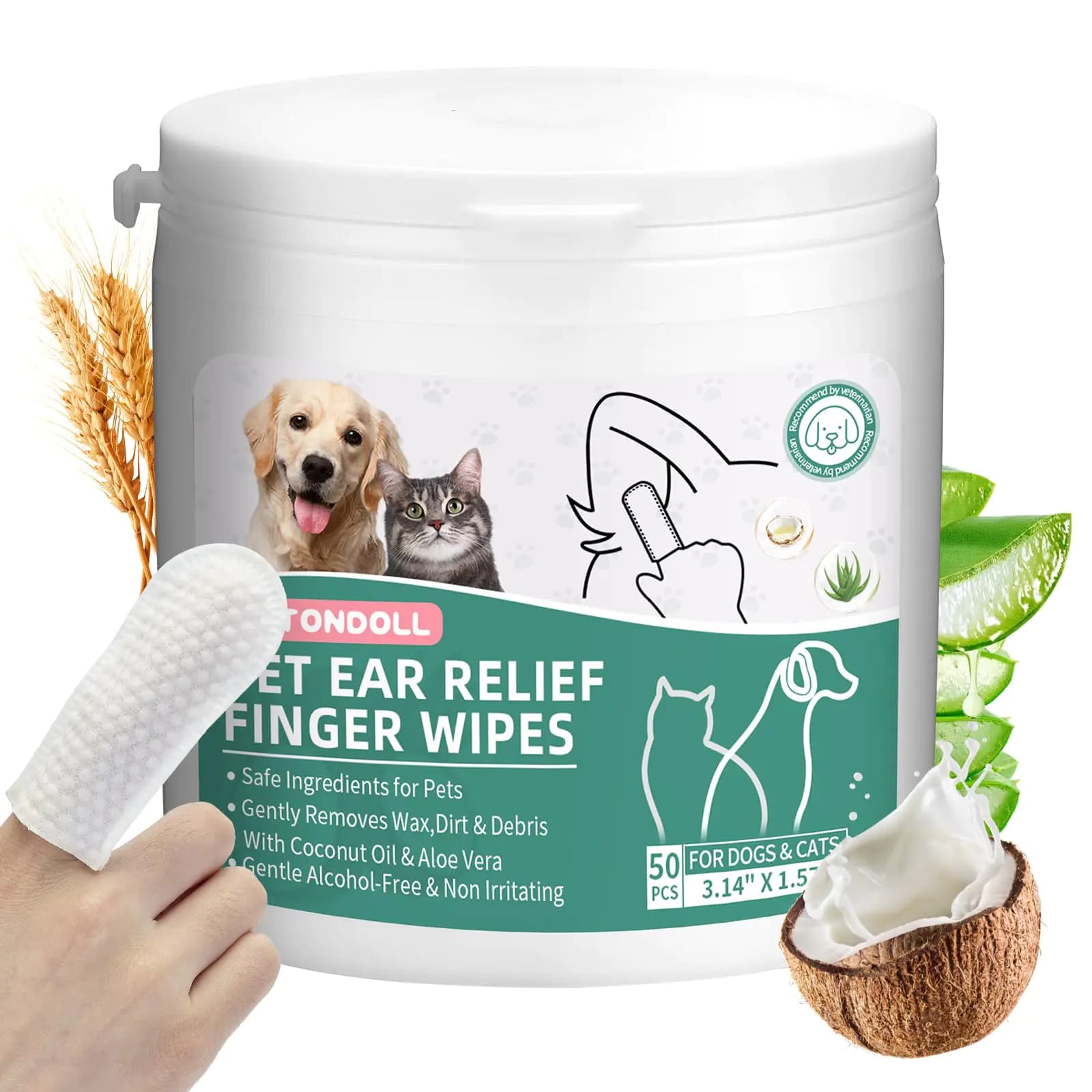 ANTONDOLL Dog Ear Cleaner Finger Wipes - Cat Ear Cleaner Wipes Grooming Pet Supplies Reduce Dirt Wax Debris Soothes & Deodorizes Fresh Coconut Scent 50 Counts