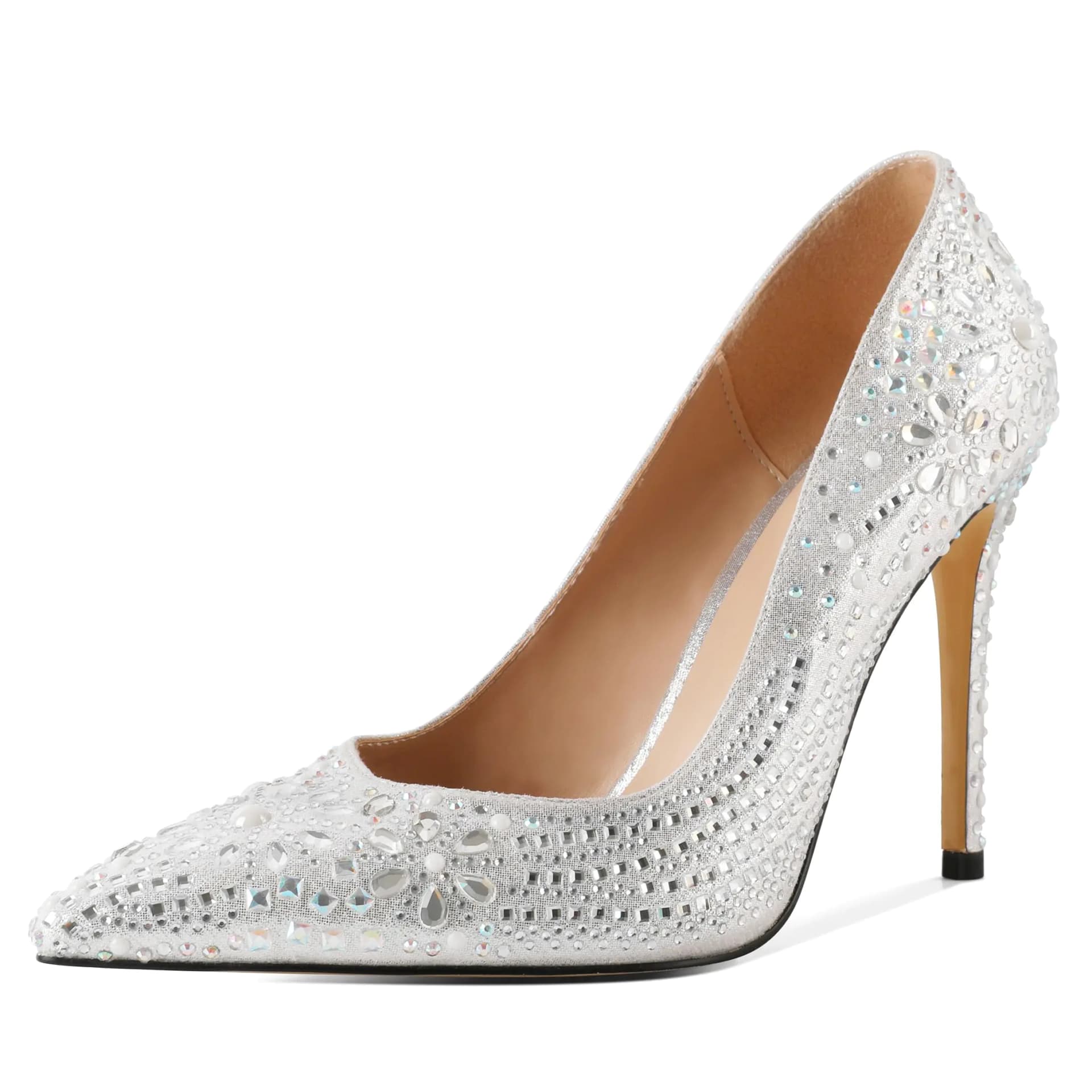 Eldof Women High Heel Pumps Pointed Toe Slip On Stiletto Heels Sparkly Rhinestone Pumps Shoes Women Dress Glitter Diamond Silver Heels 4 Inches US Size 6