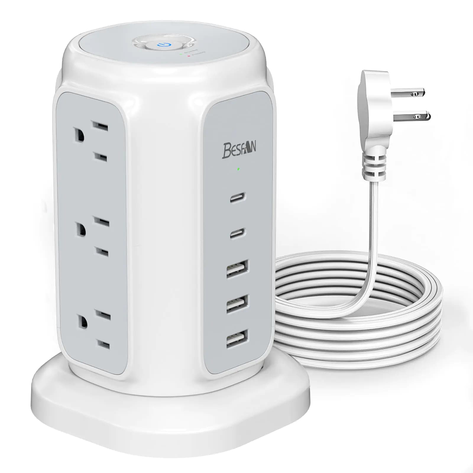 Flat Plug Power Strip Tower with 9AC Outlets 5 USB (2 USB C) BESFAN 6.5 Feet 1625W Extension Cord with Multiple Outlets 1200J Surge Protector Power Strip Charging Station for Home Office Supplies