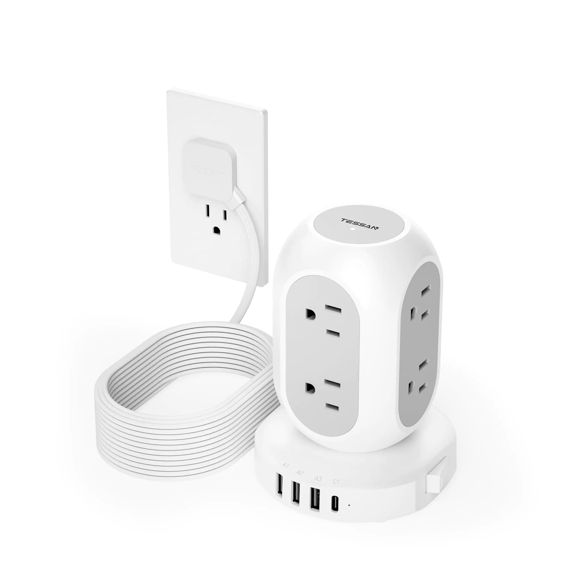 Surge Protector Power Strip Tower TESSAN Flat Plug Extension Cord 10FT with 8 AC Outlets 4 USB Ports (1 USB C) 1050J Protection Charging Station for Home Office Supplies Dorm Room Essentials