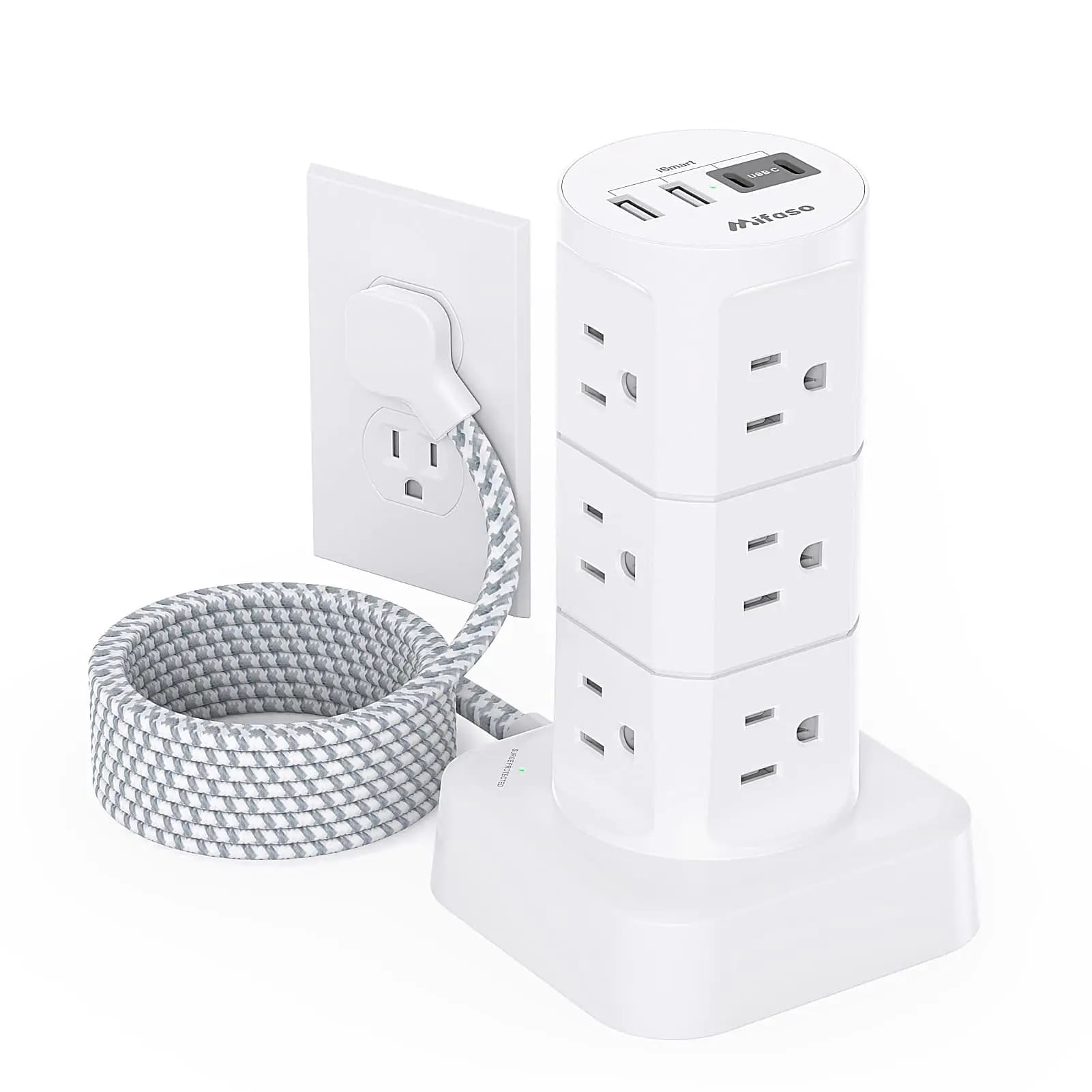 Power Strips with Surge Protection Flat Plug Power Strip with 12 Outlets 4 USB Ports Surge Protector Tower 1875W/15A 1080J 6Ft Extension Cord with Multiple Outlets Office Supplies Dorm Essentials
