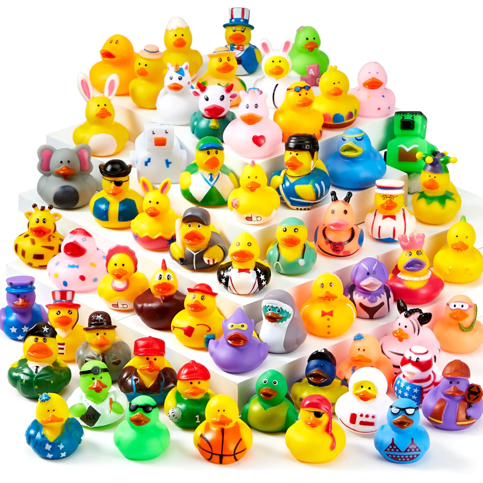 JOYIN 60 Pcs Rubber Ducks Random Assortment Ducks Bulk with Mesh Carry Bag Mini Rubber Duckies for Toddler Baby Bath Toys Kids Bath Pool Toys Birthday Gifts Party Favors