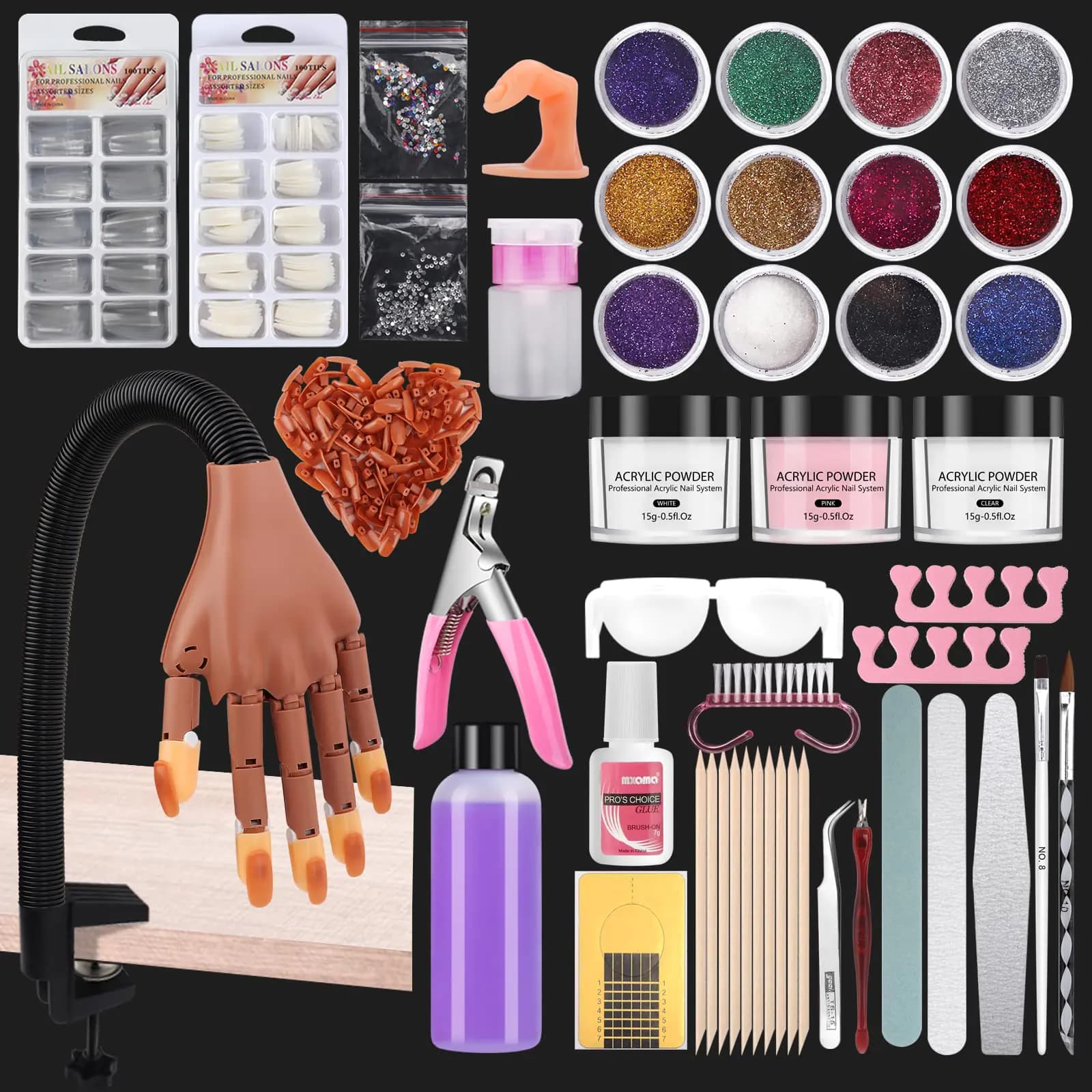 Nail Practice Hand for Acrylic Nail Kit Fake Nail Mannequin Hand for Nails Practicing Nail Training Finger with Acrylic Nail Kit Powder Nail Art Tools Professional Nail Starter Set