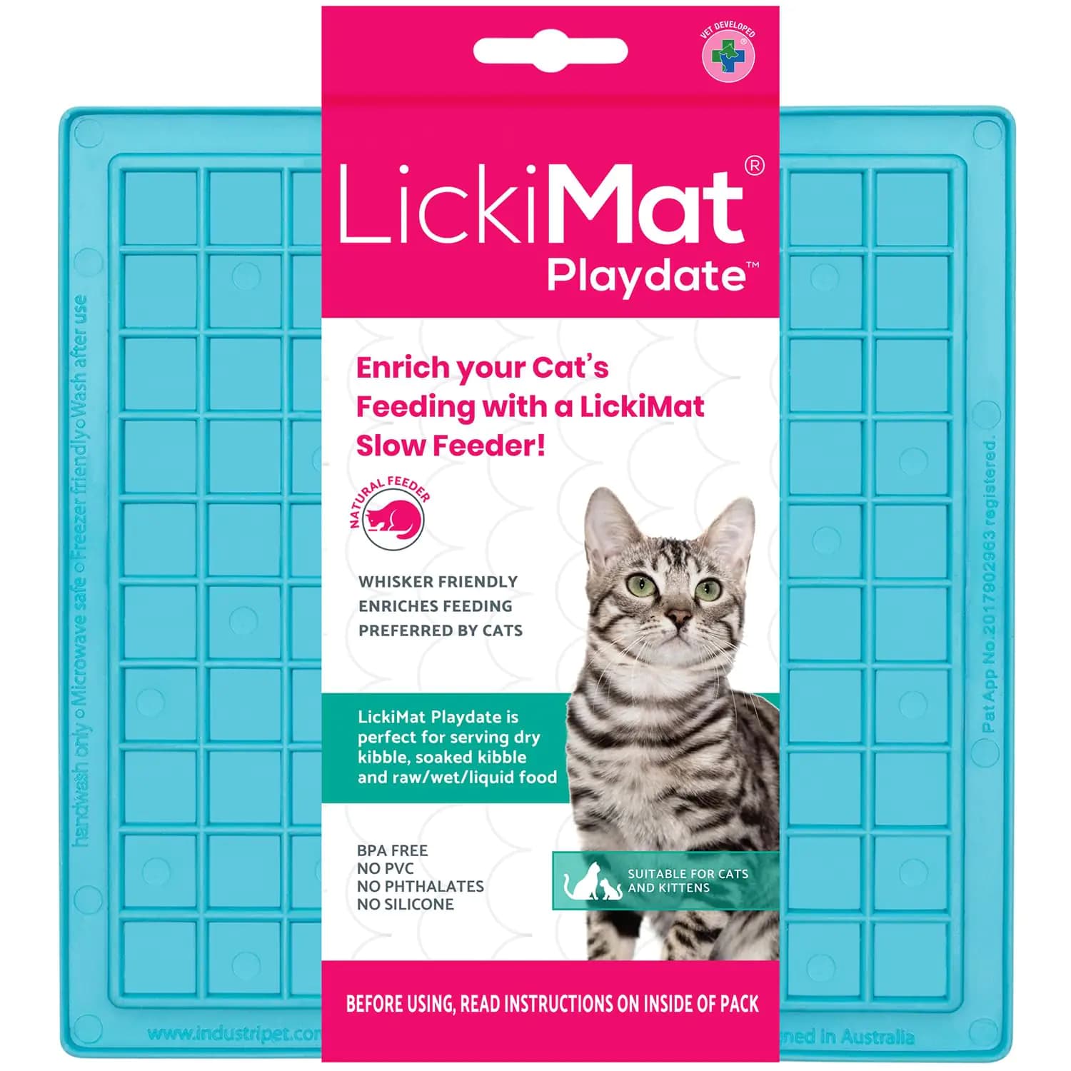 LickiMat Classic Playdate Cat Slow Feeder Lick Mat Boredom Anxiety Reducer; Perfect for Food Treats Yogurt or Peanut Butter. Fun Alternative to a Slow Feed Cat Bowl or Dish Turquoise