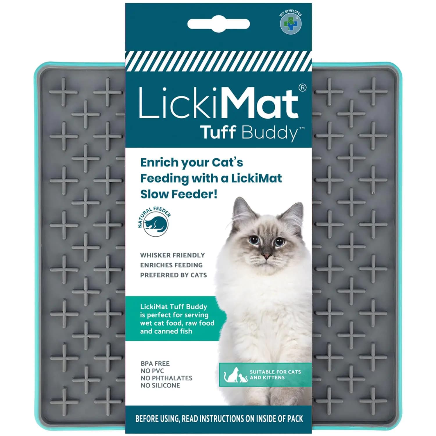 LickiMat Tuff Cat Heavy-Duty Buddy Cat Slow Feeder Lick Mat Boredom Anxiety Reducer; for Food Treats Yogurt or Peanut Butter. Fun Alternative to a Slow Feed Cat Bowl or Dish Turquoise