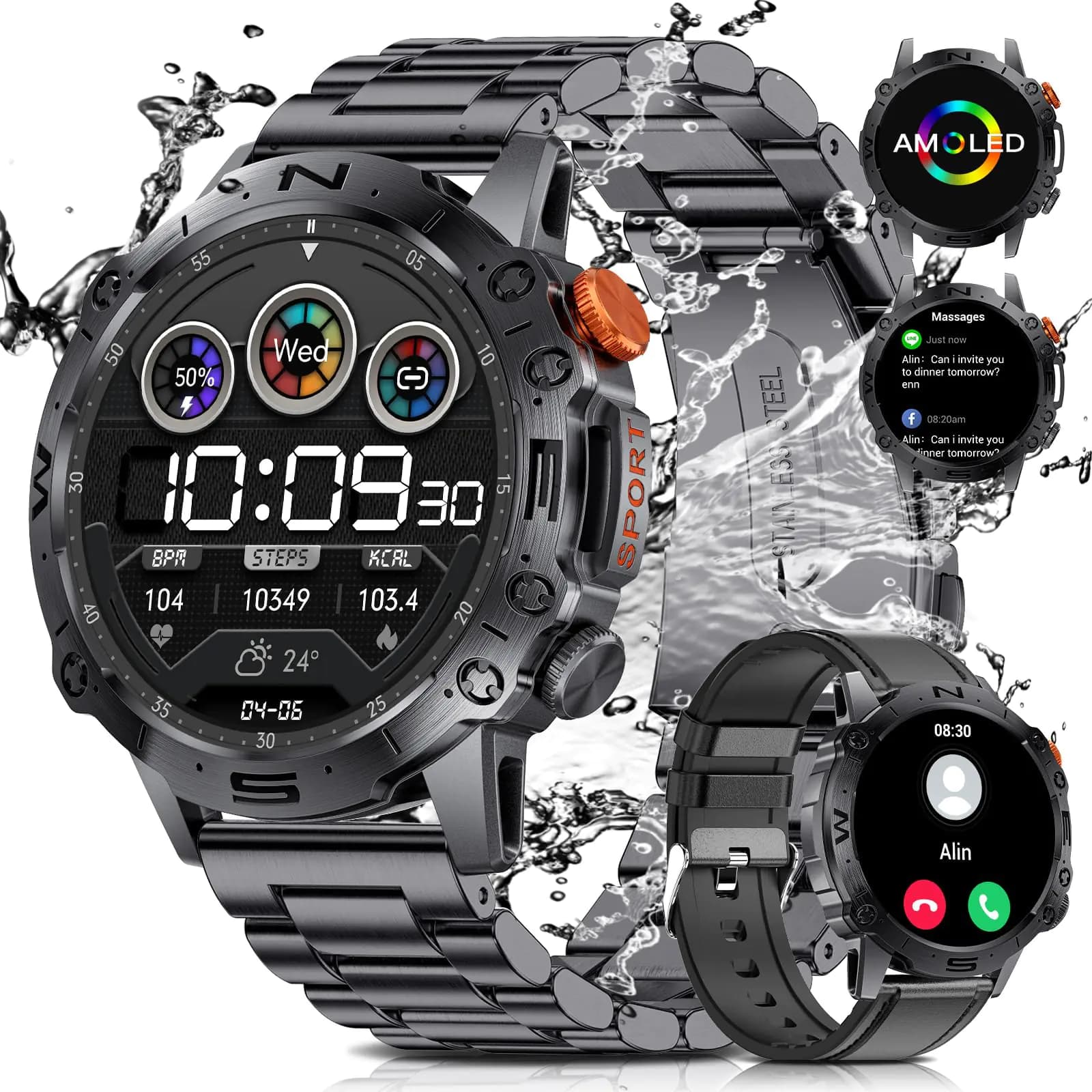 ESFOE 1.43 AMOLED Military Smart Watches for Men 5ATM Waterproof/460mAh/126 Sports Modes Fitness Tracker Heart Rate Blood Pressure SpO2 Monitor Tactical Smart Watches Android iOS