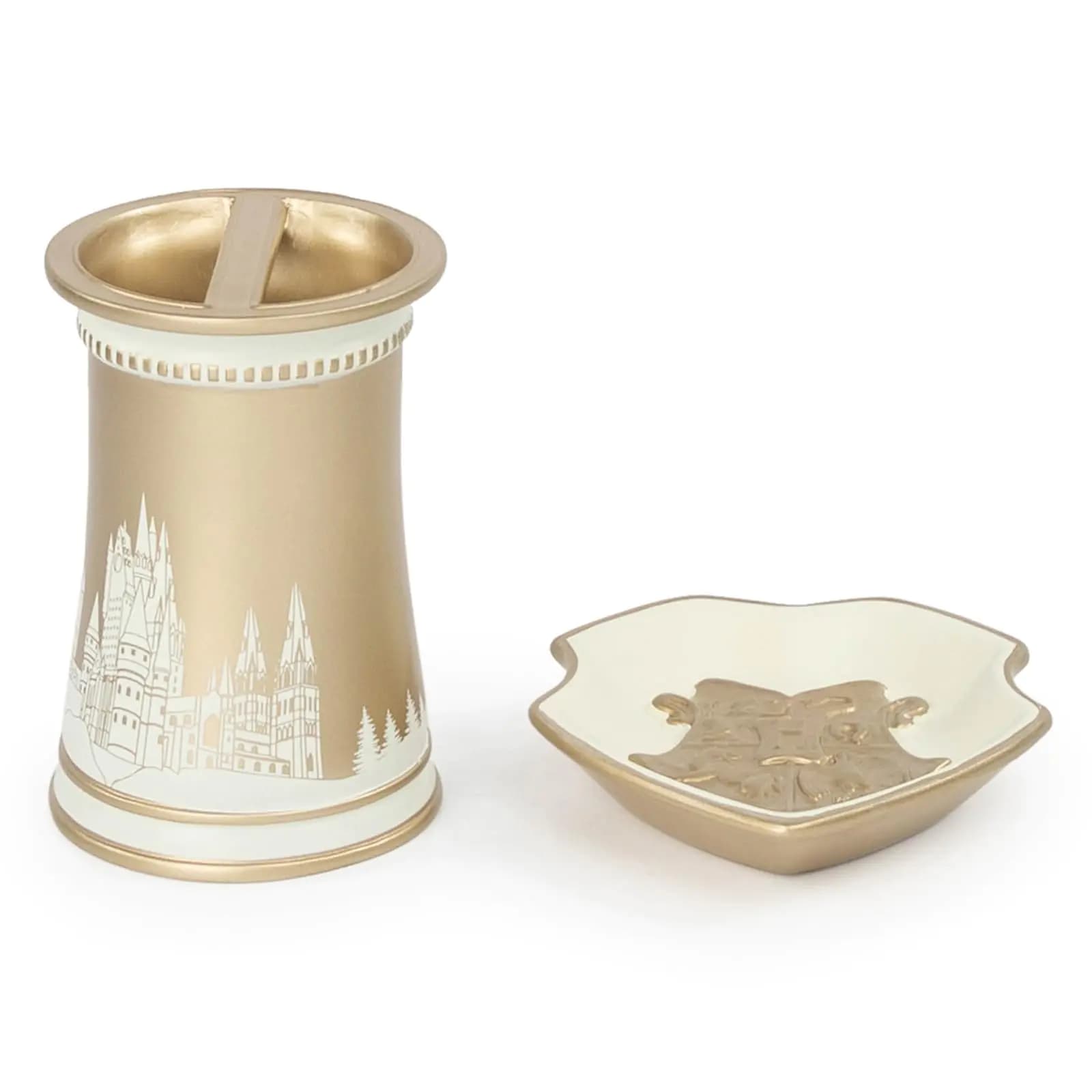 Jay Franco Harry Potter Bathroom Accessories - 2 Piece Gold Hogwarts Crest Resin Bathroom Décor and Storage Set Includes Toothbrush Holder and Soap Dish Set