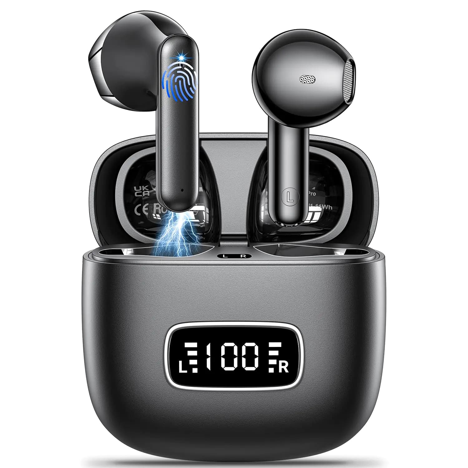 Godyse Wireless Earbuds Headphones Bluetooth 5.3 with 4 ENC Noise Cancelling Mic Ear Buds Hi-Fi Stereo LED Screen IPX6 Waterproof Touch Control Mini Ear Buds Wireless Earbuds for iPhone Android Black