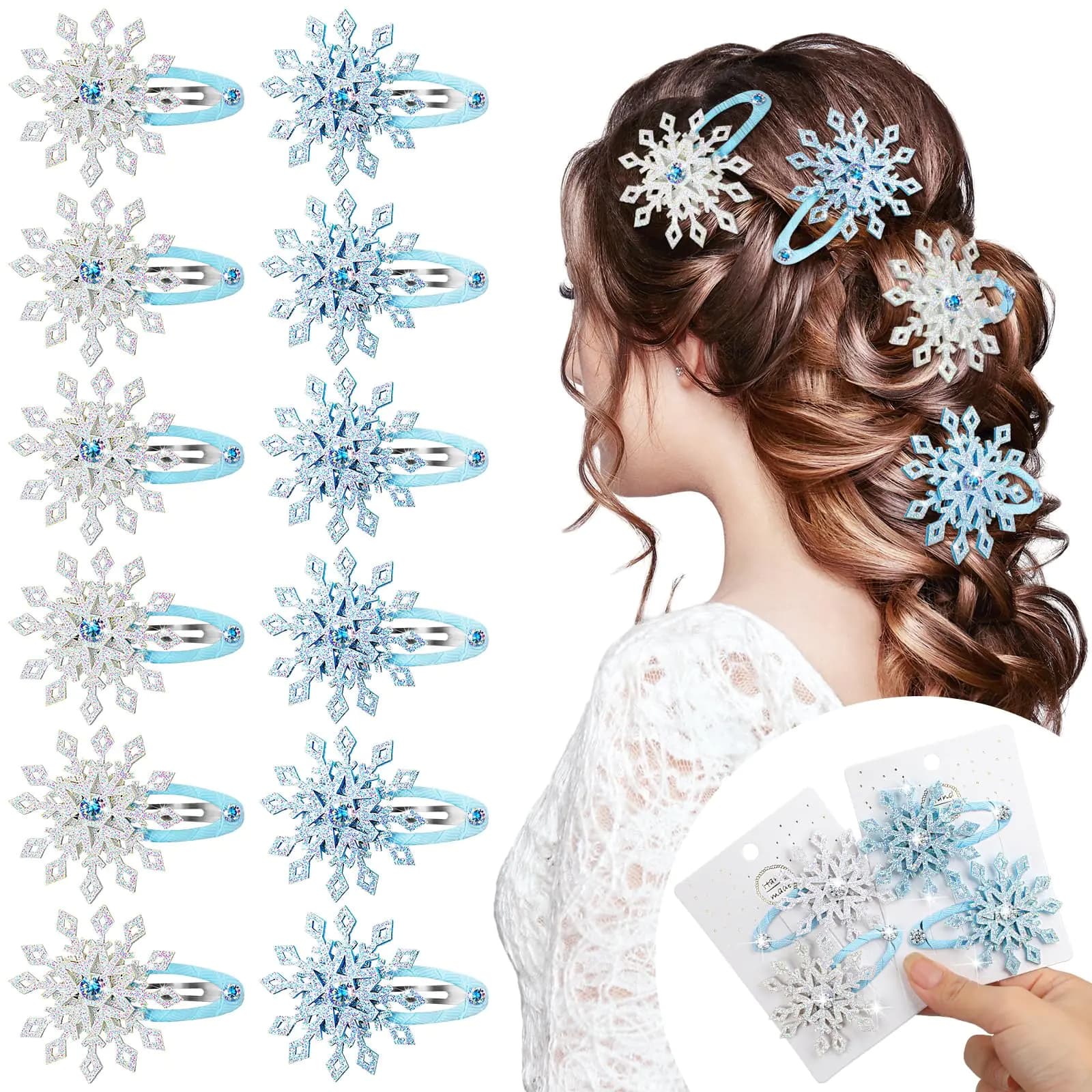 Misdary 12 Pcs Snowflake Hair Clips Blue White Winter Hair Accessories Winter Rhinestone Hair Clips for Women Winter Glitter Hair Clip Snowflake Barrettes Holiday Hair Accessories Party Gifts