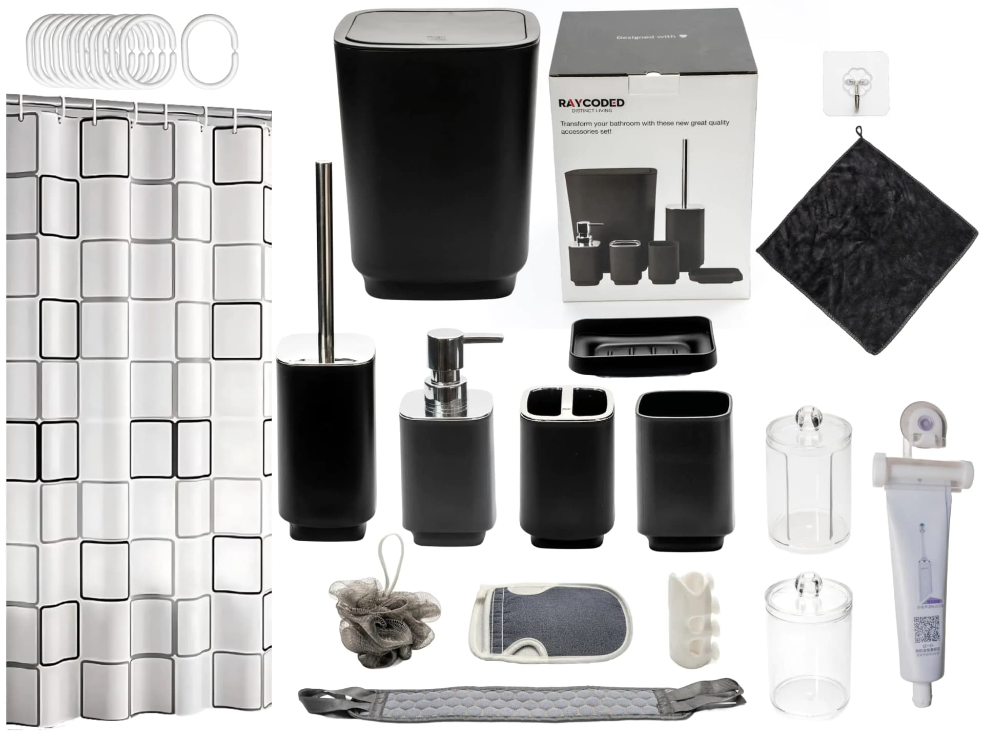 RAYCODED 29pcs Bathroom Accessories Set Bathroom Accessory Set with Trash Can Bathroom Shower Curtain Sets Shower Curtains for Bathroom Sets Black Restroom Decor and Accessories