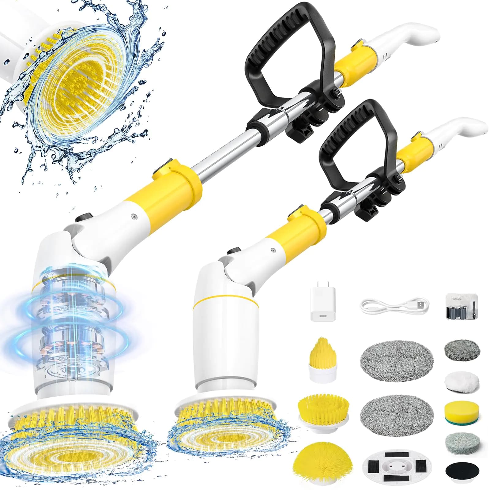 StarVal Electric Spin Scrubber Cordless Shower Scrubber Up to 550 RPM with 9 Replaceable Brush Heads Adjustable Extension Handle Electric Scrubber for Cleaning Bathroom Tub Kitchen Car(Yellow)