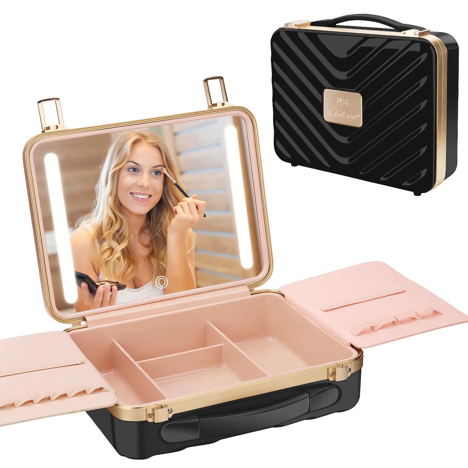 Kalolary Travel Makeup Train Cases with Lighted Mirror 3 Color Setting Makeup Bag Cosmetic Case Organizer Adjustable Brightness Portable Makeup Storage Box For Makeup Brushes Accessories ToolsBlack