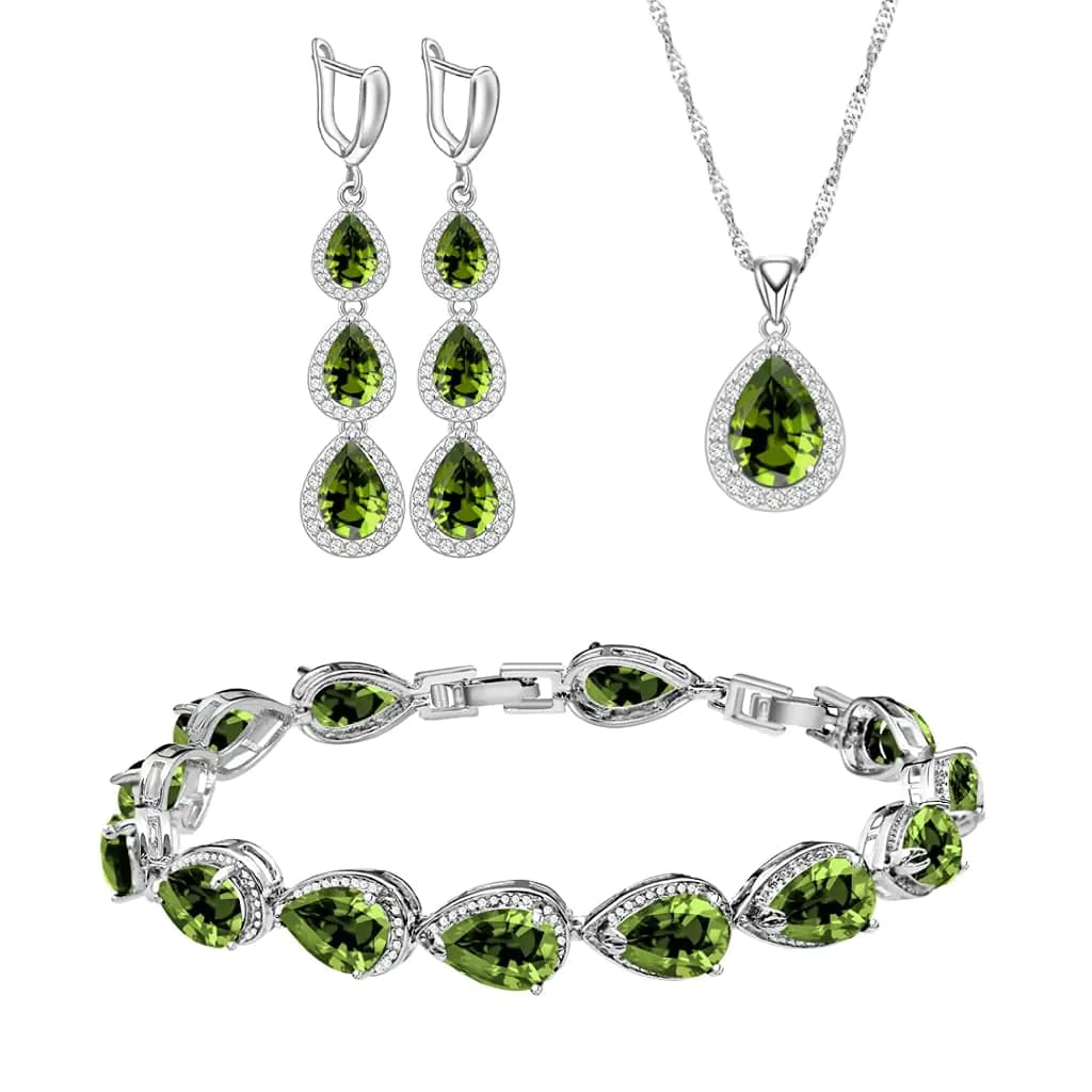 LMXXVJ Earrings Necklace Tennis Bracelet Set - Teardrop Olive Green Cubic Zirconia Jewelry Set for Mom/Wife/Sister/Bridesmaid/Best FriendSilver-Tone