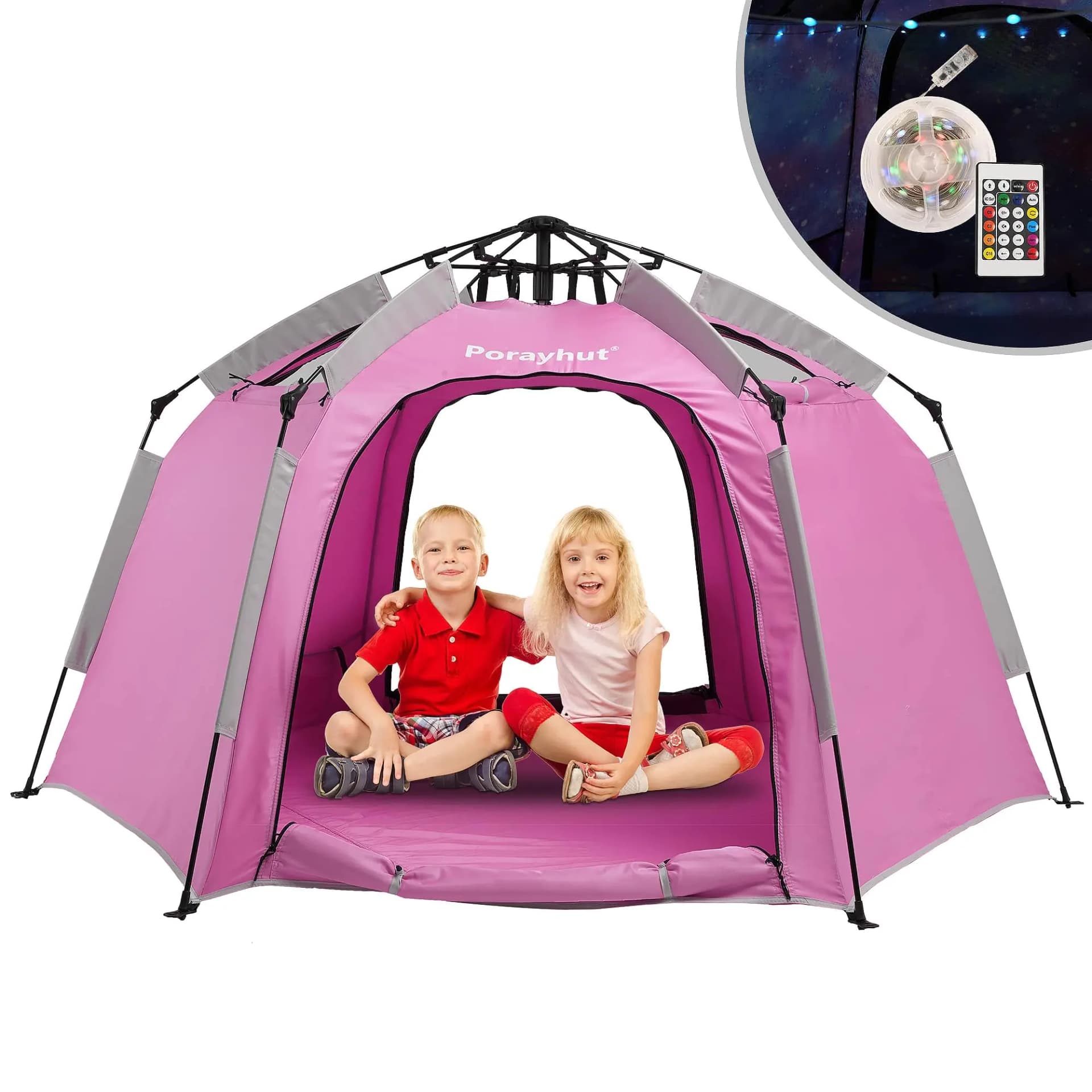 Portable Hexagon Kids Play Tent with LED Strip Lights Indoor Children Play House Easy Set-up Space Tent Dream Tent for Night.4-5 Person Large Tent & Birthday Gifts