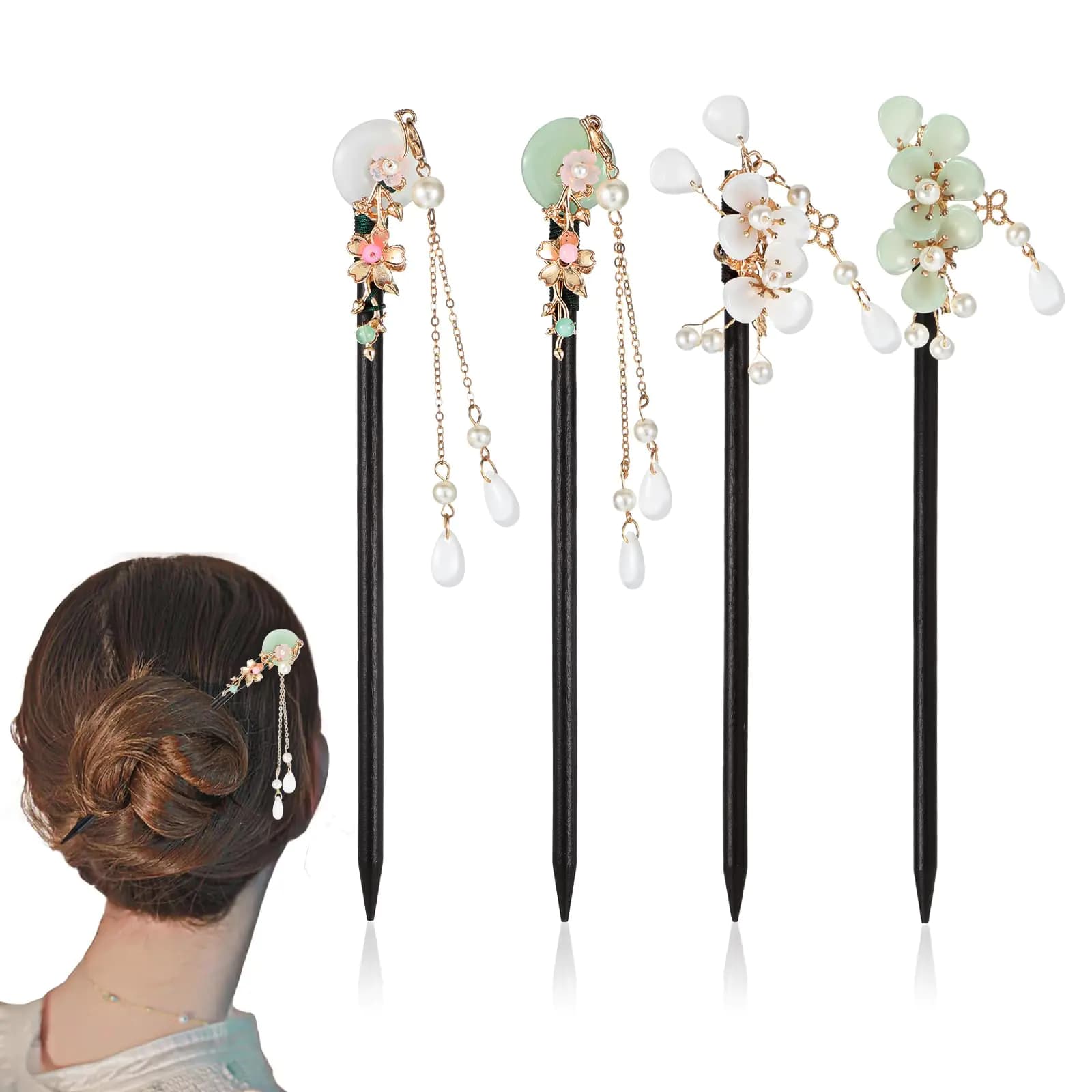 Vintage Flower Hair Sticks Set Four Pieces