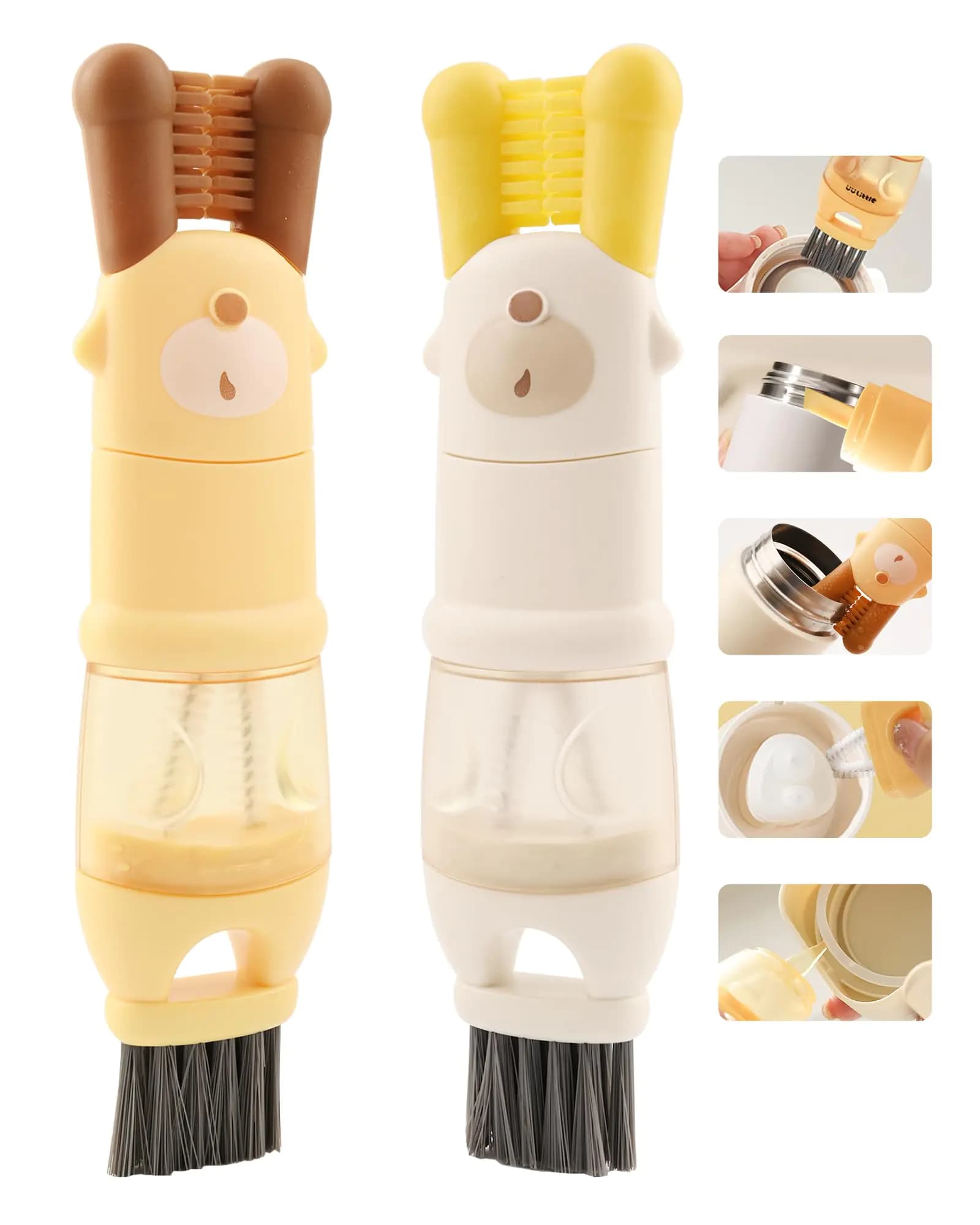 5 in 1 Multifunctional Cup Lid Cleaning Brush Water Bottle Brush Cleaner Silicone Bottle Cleaner Brush Home Kitchen Crevice Cleaning Tools (2 Pcs White+Yellow)