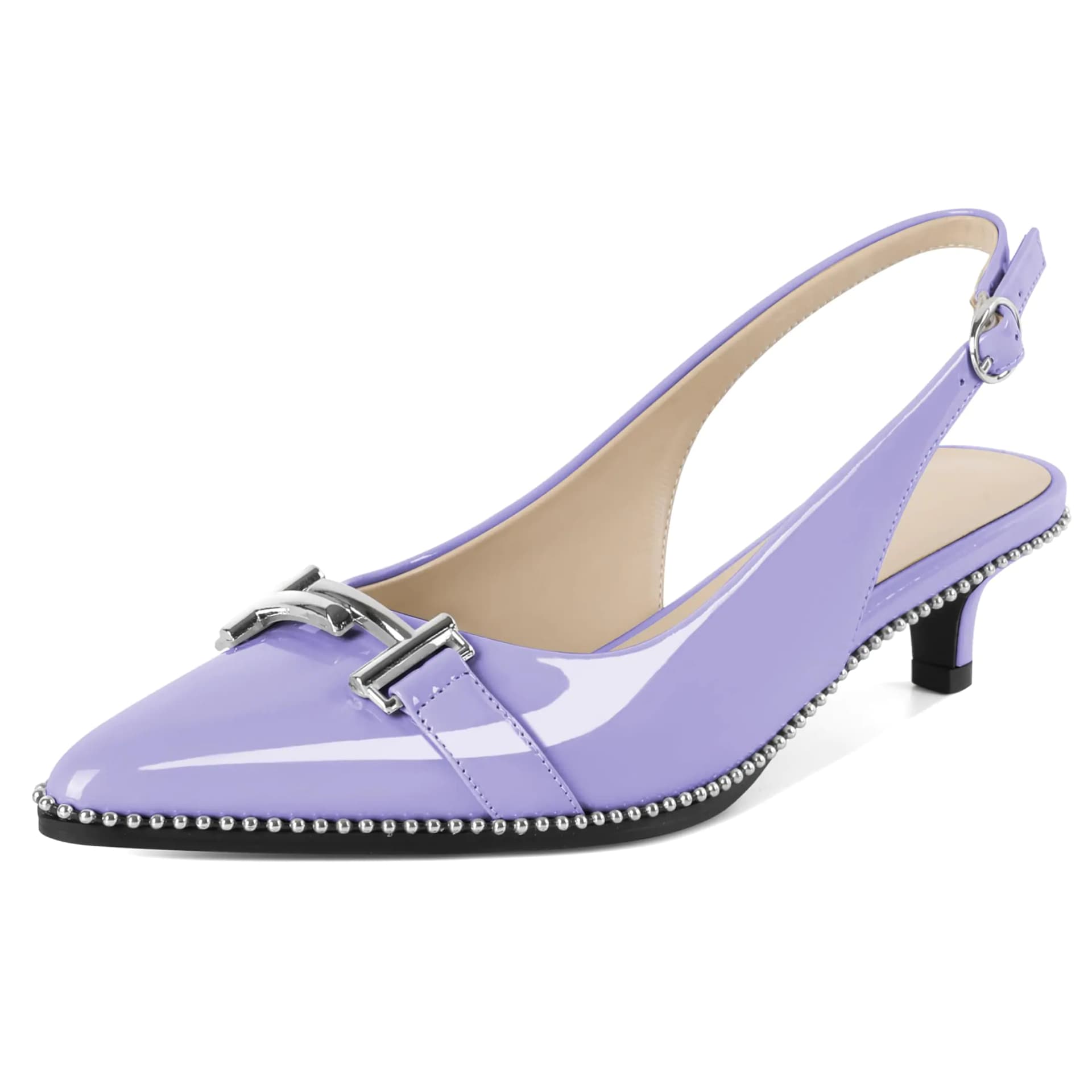 Eldof Slingback Heels for Women Pointed Toe Kitten Heel Beaded Low Heel Pumps Shoes Women Dress 1.5 Inches Patent Light Purple US Size 8.5