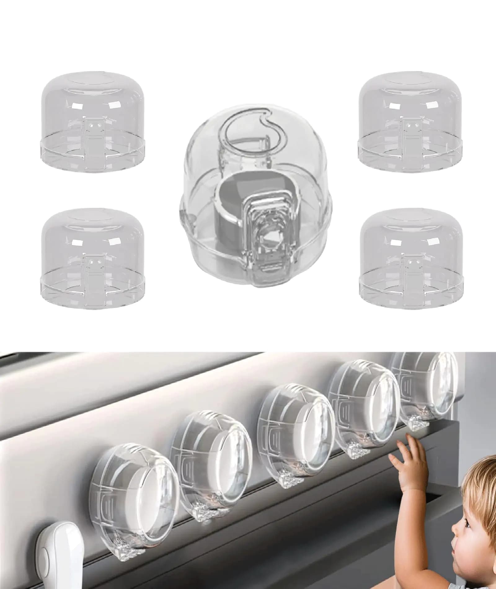 JOYLION Stove Knob Safety Covers for Child ， 5pcs Kitchen Oven Baby Proofing Handle Knobs Lock，Universal Gas Burners Childproof Products