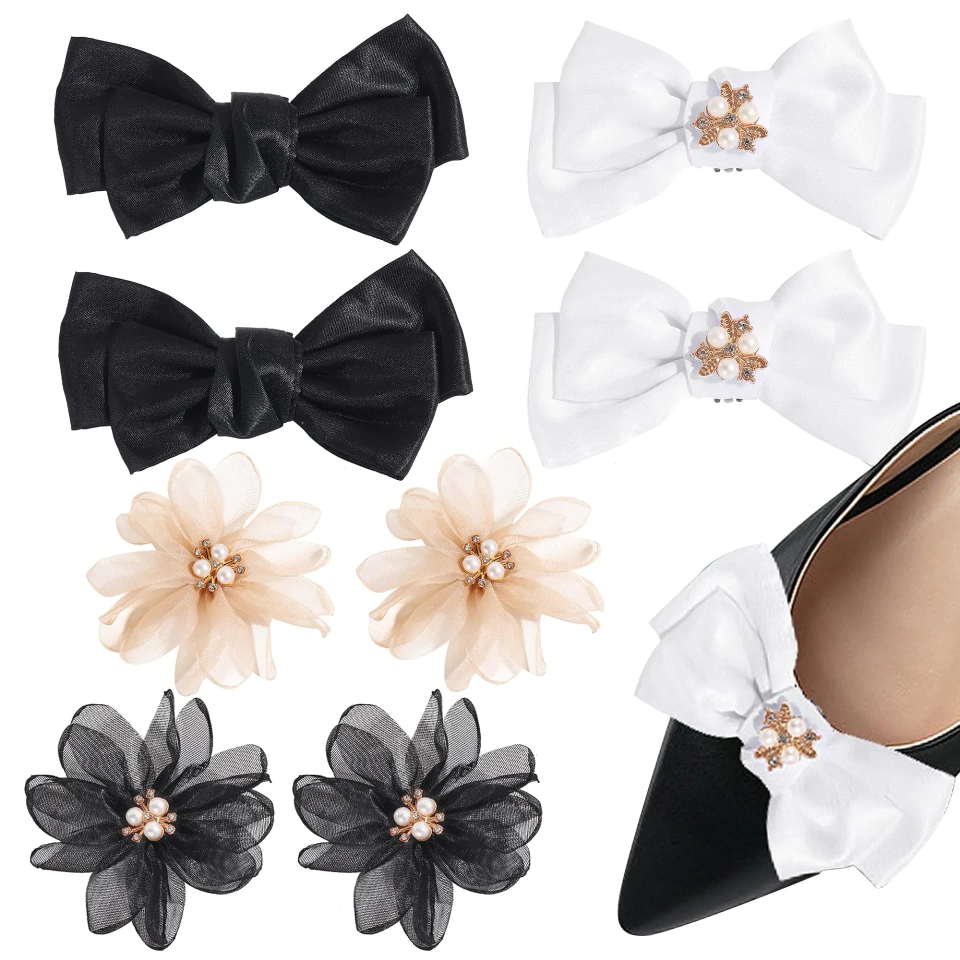 Coiris 4 Pairs Shoe Clips for Women Dress Shoes Rhinestone Flowers Black White Peal Bow Shoe Clips Pearl Exquisite Shoe Charms Lace Floral Shoe Accessory for Wedding Pointed Toe Pumps(XK0001)