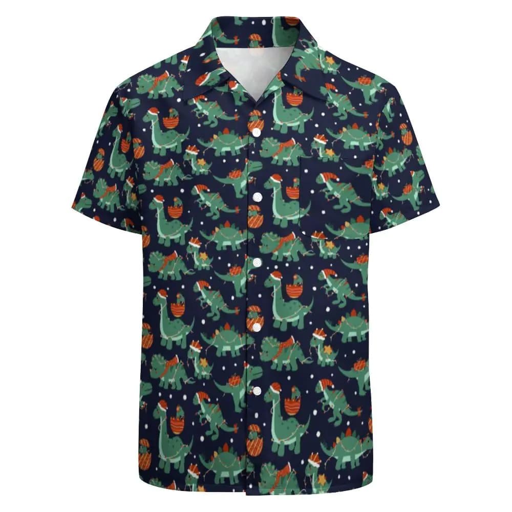 Dinosaur Christmas Hawaiian Shirt for Men Regular Fit Short Sleeve Button Down Shirt Dinosaur Christmas Themed Clothing Holiday Beach Shirts