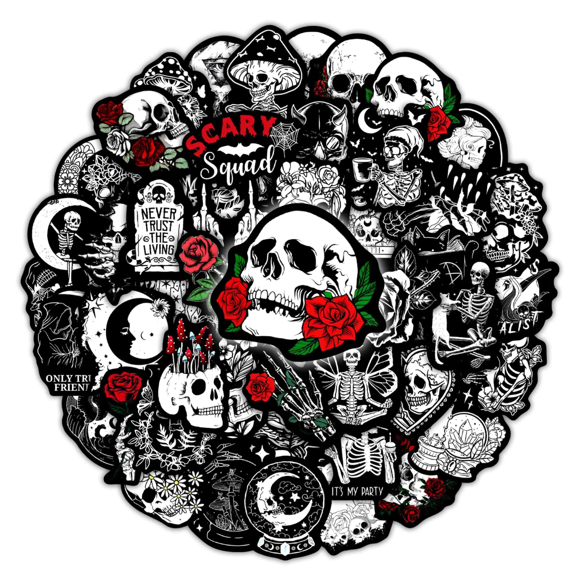 50PCS Cool Gothic Skull Water Bottle Stickers Black and White Skeleton Sticker for Adults Waterproof Vinyl Laptop Decals Phone Case Car Skateboard Luggage Scrapbook Decoration