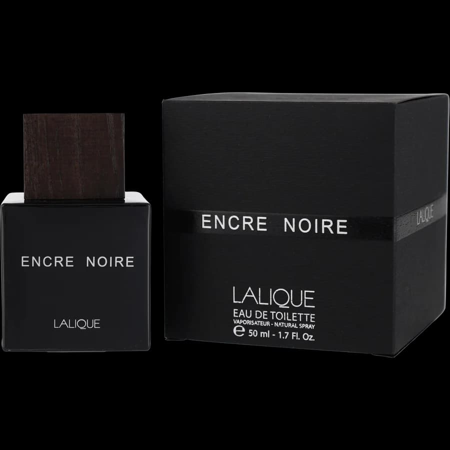 Lalique Encre Noire Eau de Toilette with a black glass bottle and wooden cap, 50ml.