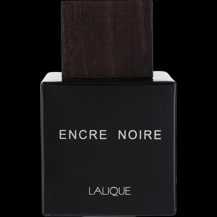 Lalique Encre Noire Eau de Toilette with a black glass bottle and wooden cap, 50ml.