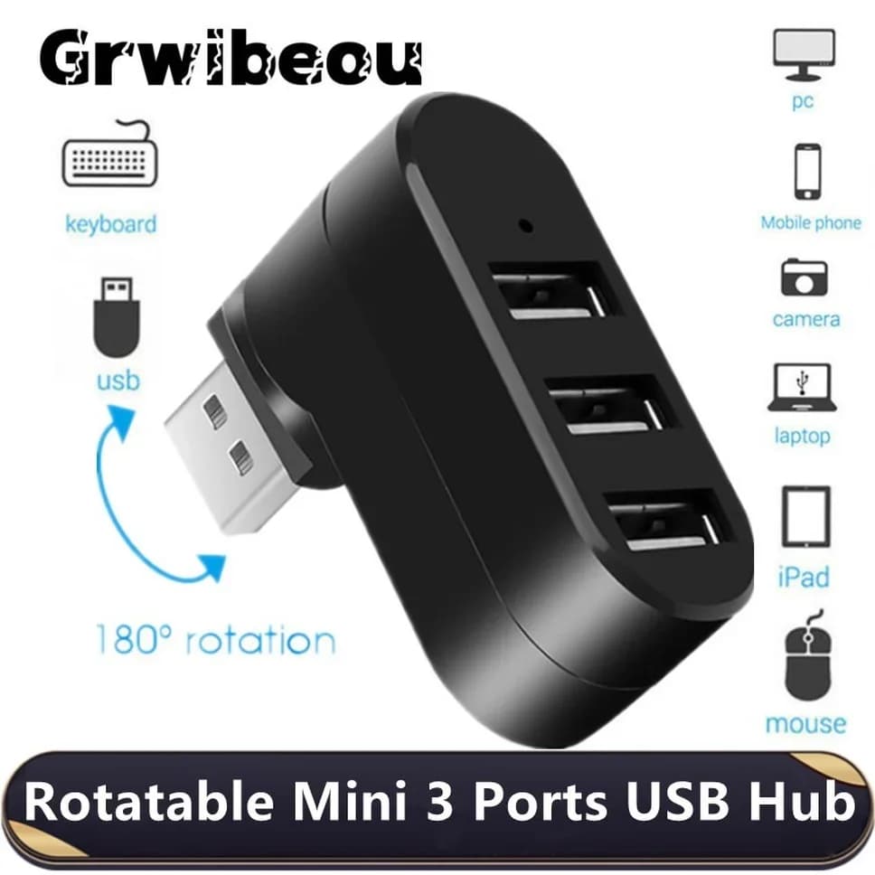 USB 2.0 Hub 3-Port Rotatable Splitter