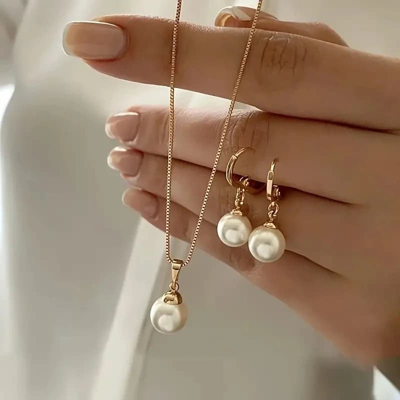Elegant Imitation Pearl Pendant Jewelry Set Gold