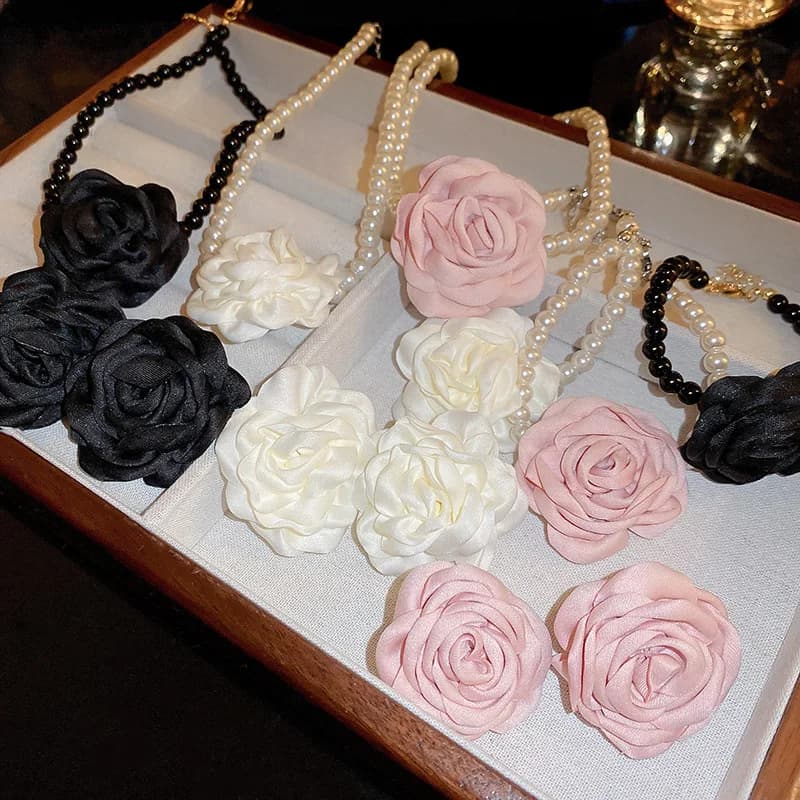 Fabric Flower Jewelry Set Four Pieces