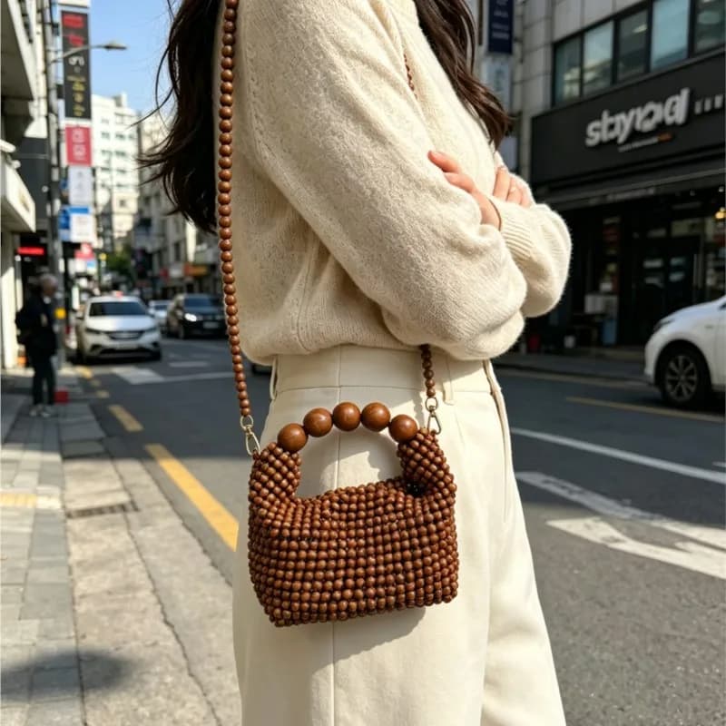 Handmade Wooden Beaded Woven Shoulder Bag