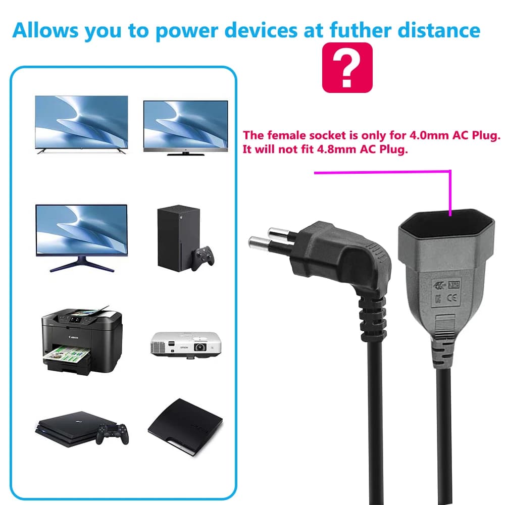 EU 2-Prong Angled Power Extension Cord